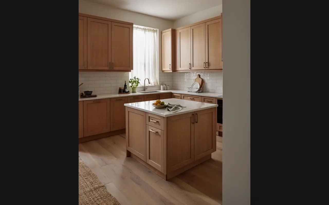 Small L-shaped kitchen with warm wood cabinets, white tile backsplash, and a slim prep island for extra workspace.