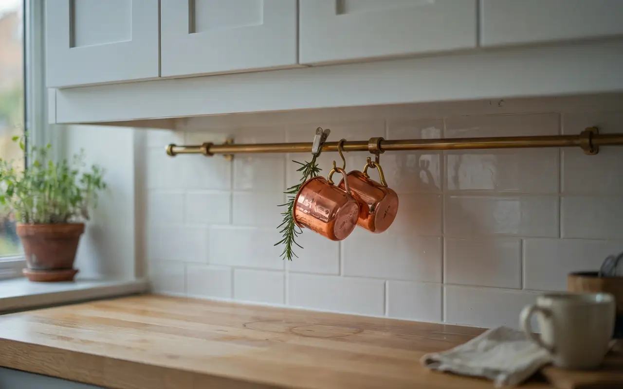 Slim brass rail under white upper cabinets holding copper mugs and herb clips above a wood kitchen counter.