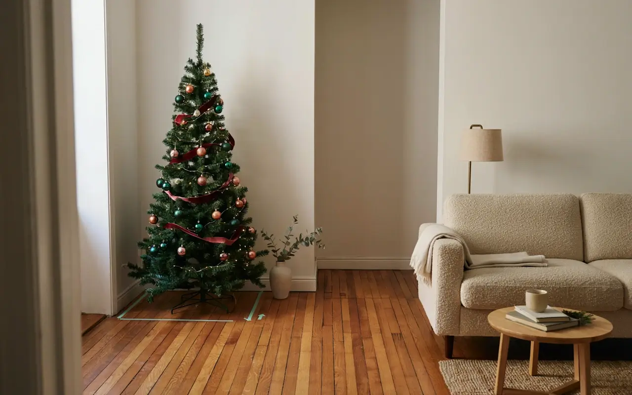 slim Christmas tree fitting neatly beside a cream sofa in a small neutral living room.
