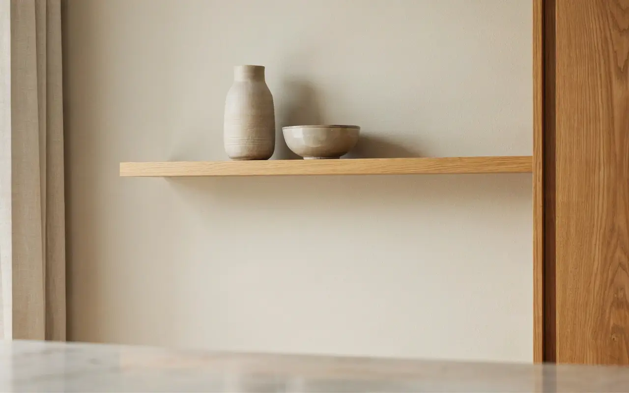 Slim oak floating shelf with neutral stoneware vase and bowl on a warm greige wall.