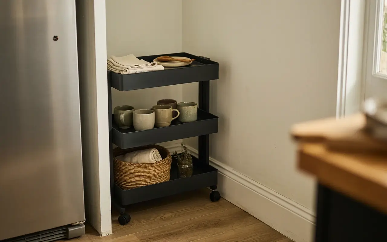 Slim black rolling cart beside a fridge storing mugs, folded linens, and a woven basket.