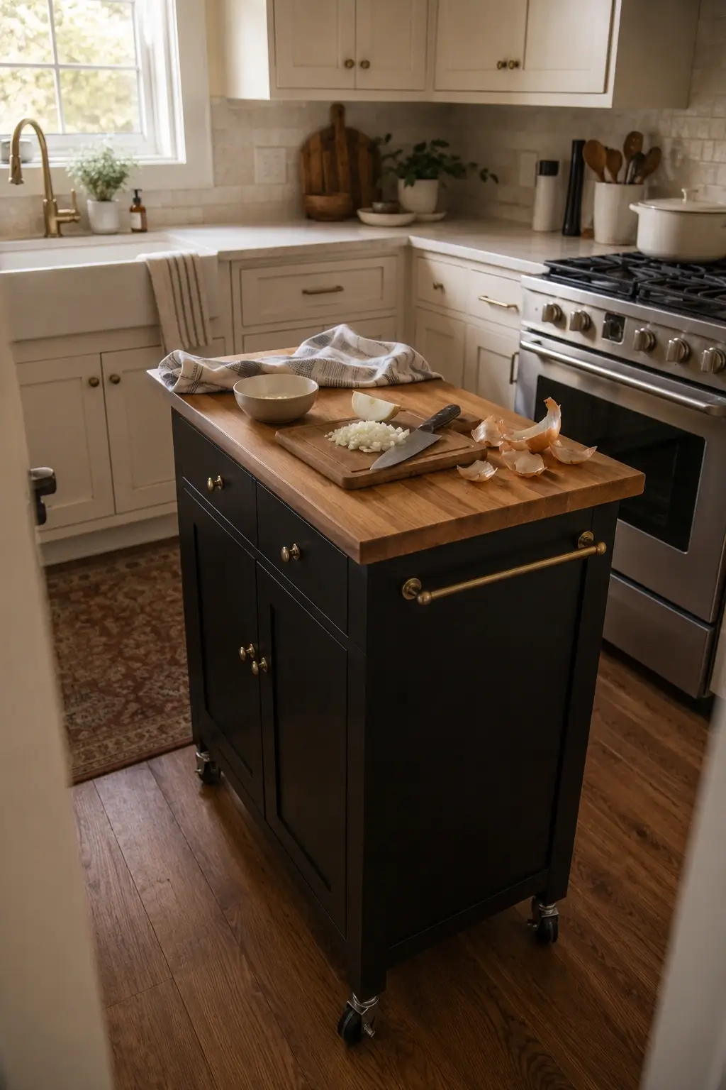 Slim black rolling cart with butcher-block top adds extra prep counter space in a small cream kitchen.