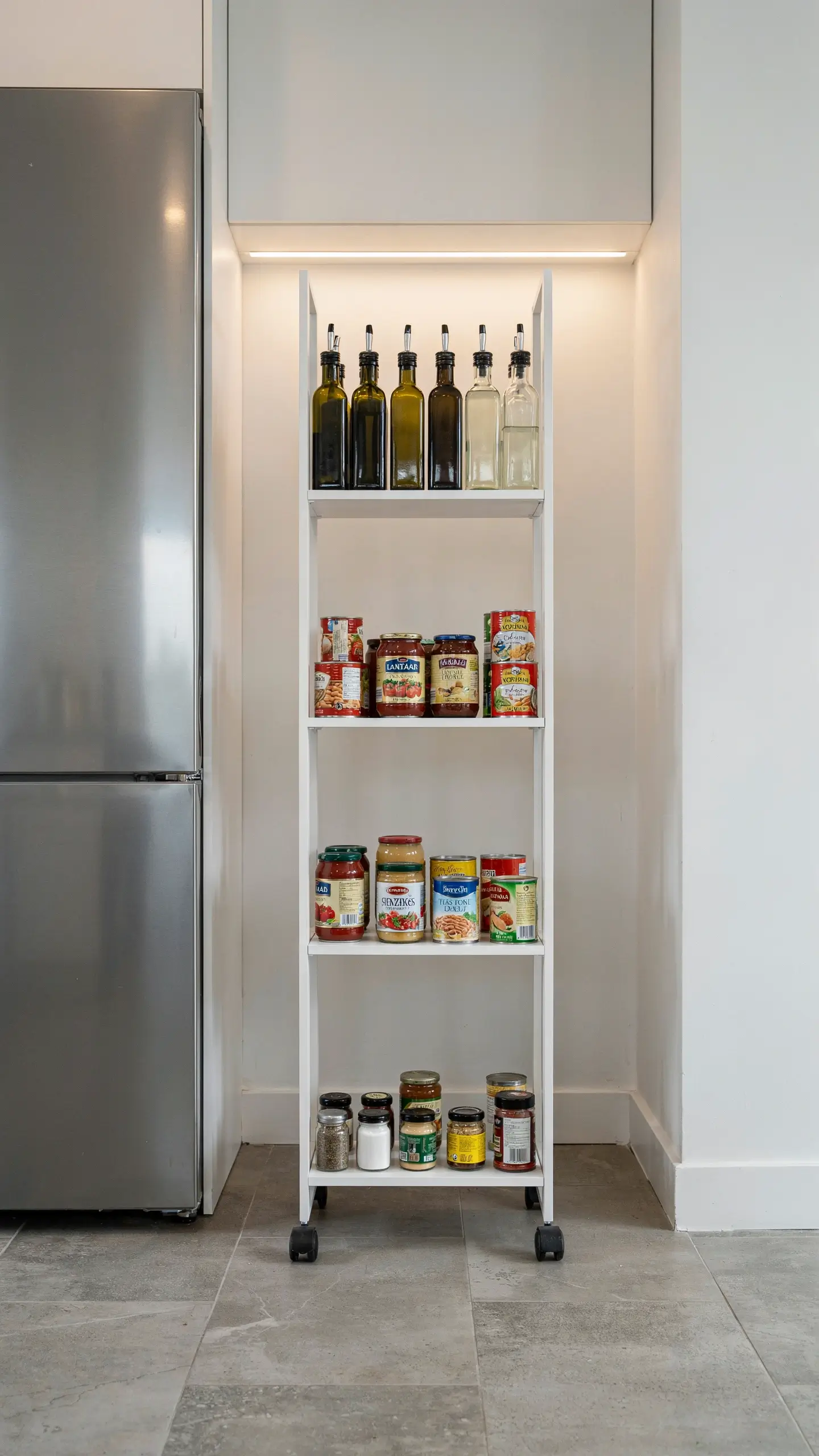 Narrow white rolling pull-out pantry cart organizing oil bottles, jars, and spices in the vertical gap beside a stainless steel refrigerator. 