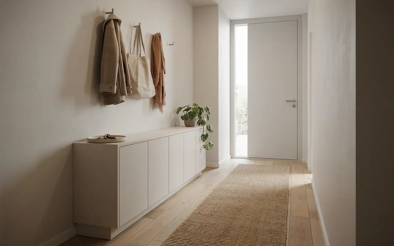 Slim narrow entryway hallway with wall hooks, closed storage cabinet, plant, and woven runner rug.