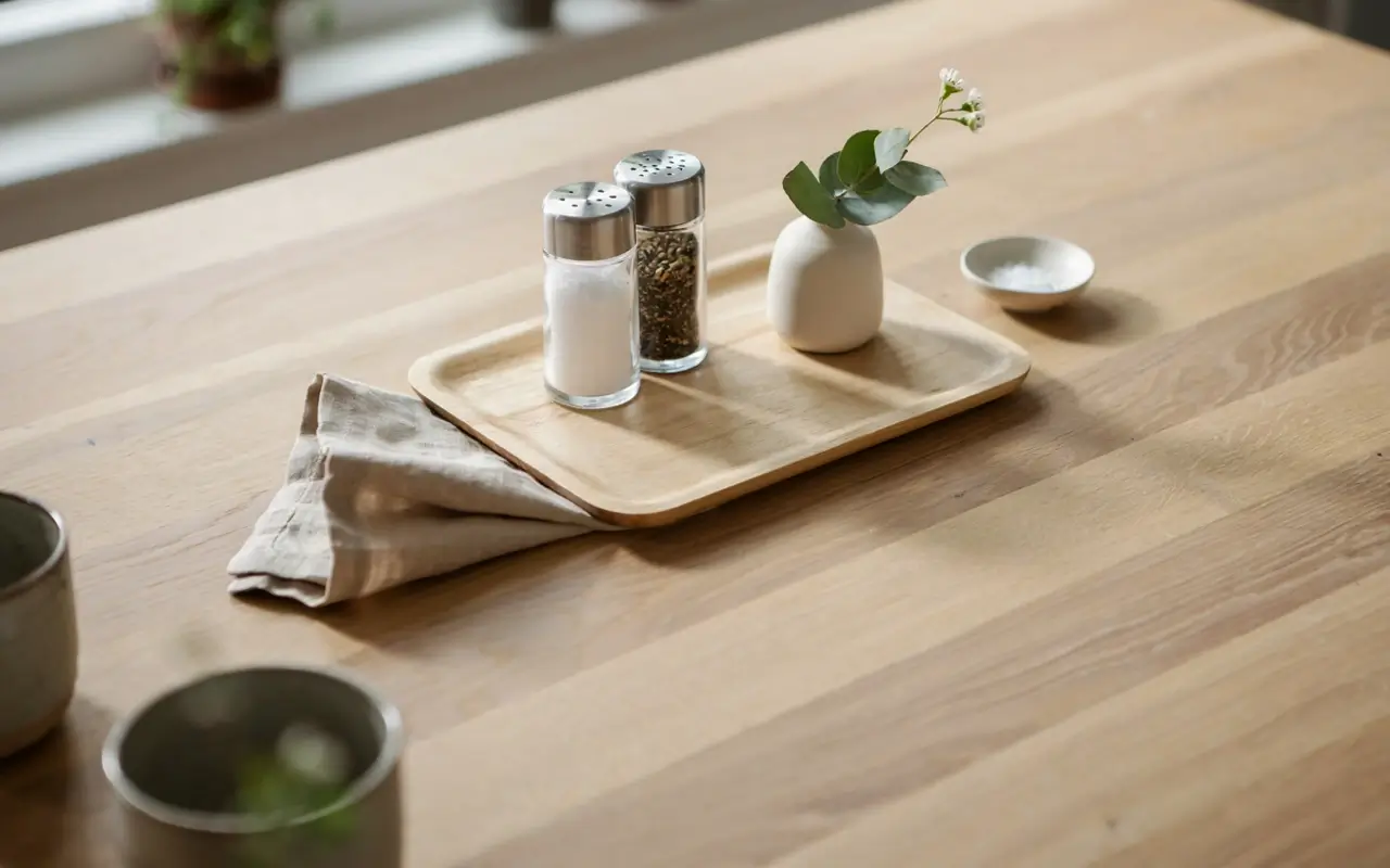 Slim wood tray with salt, pepper, and a small bud vase on a light kitchen table.