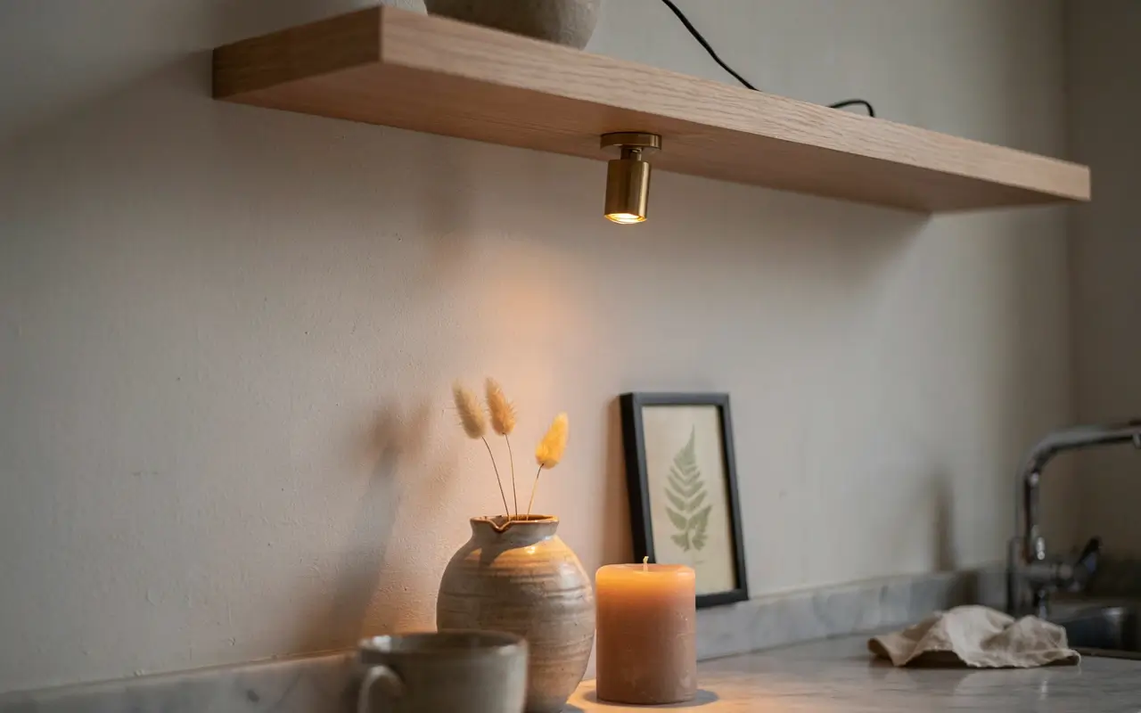 Small brass battery picture light glowing under a wooden open shelf above styled kitchen decor.