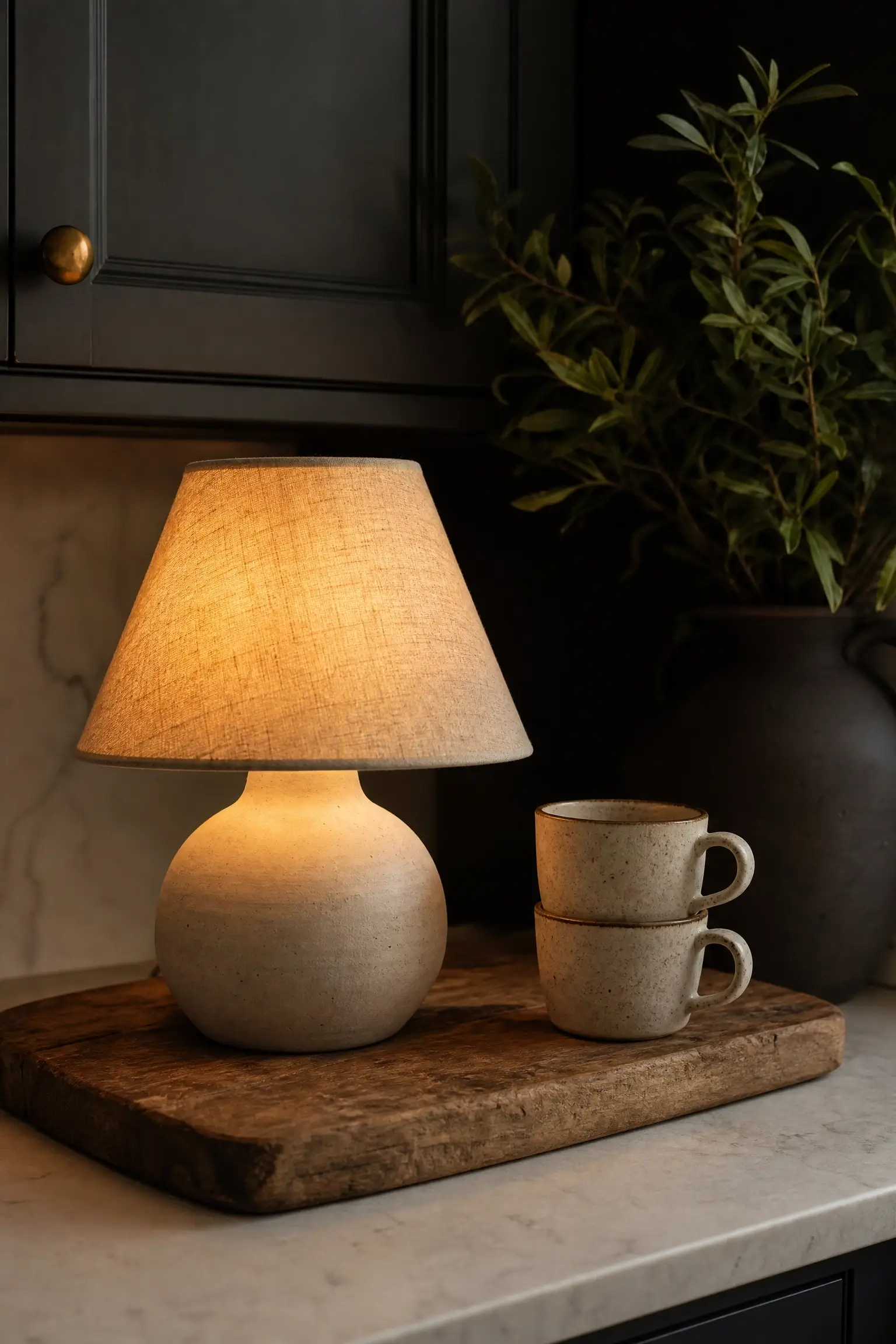 "A small, beige ceramic table lamp with a textured linen shade emits a warm, ambient glow on a rustic wooden cutting board, beside two stacked stoneware mugs, all resting on a white marble kitchen countertop with dark cabinetry and a green leafy plant in the background."