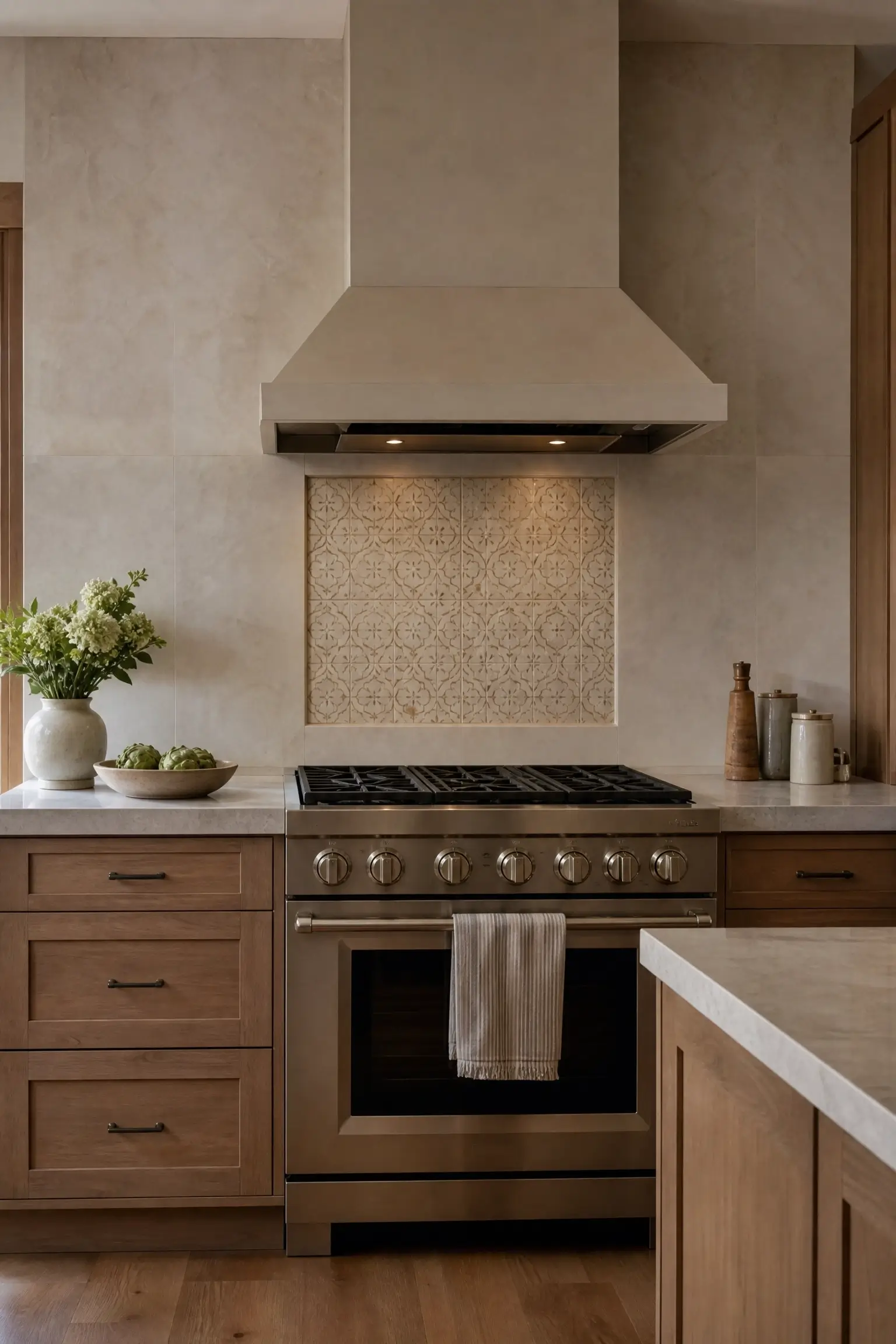 Small decorative tile panel behind stove with plain slab backsplash and warm wood kitchen cabinets.