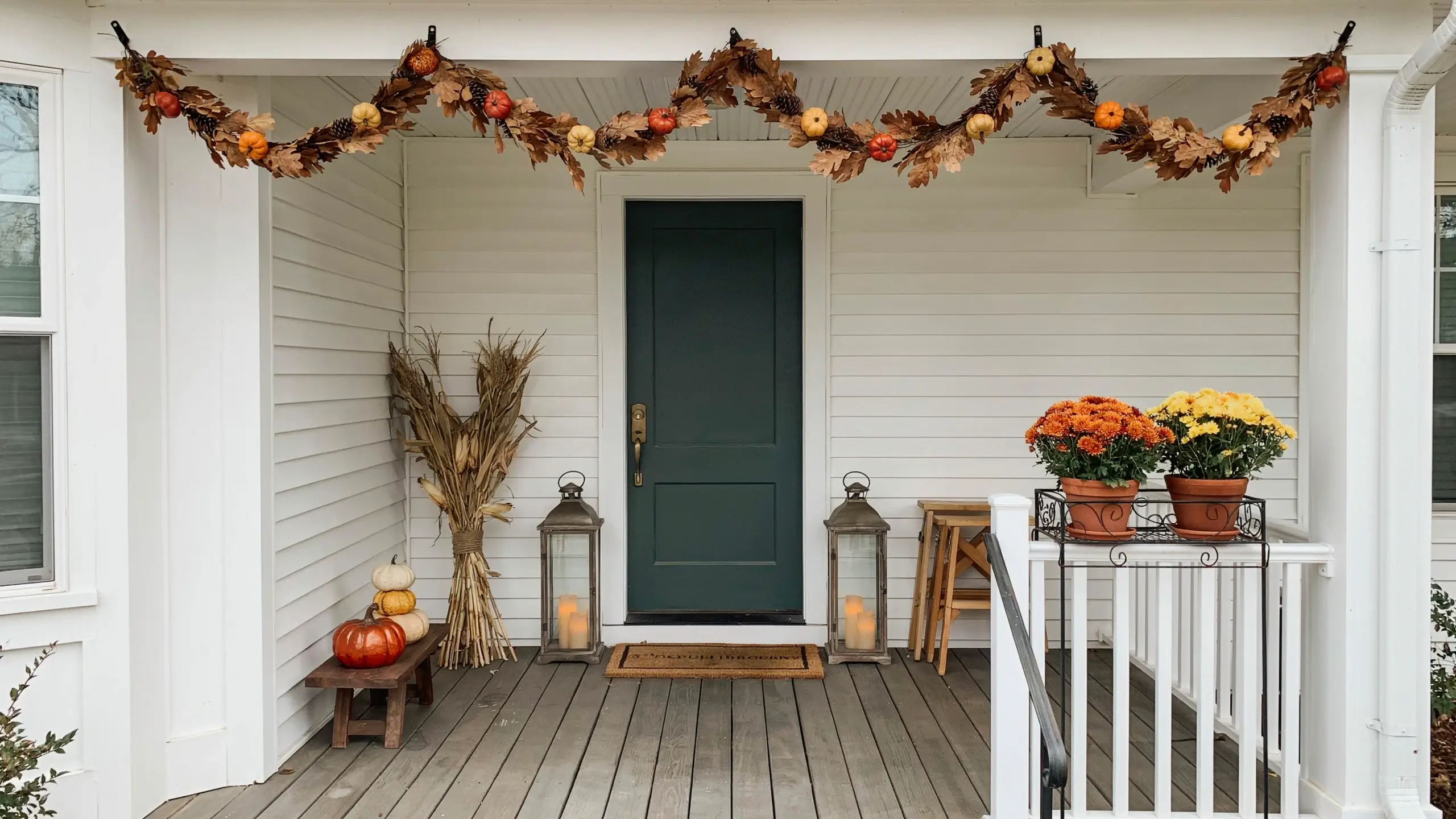 Alt Text: Small fall front porch seating nook with a wooden bench, folding chairs, pumpkins, mums, lanterns, and leaf garland.