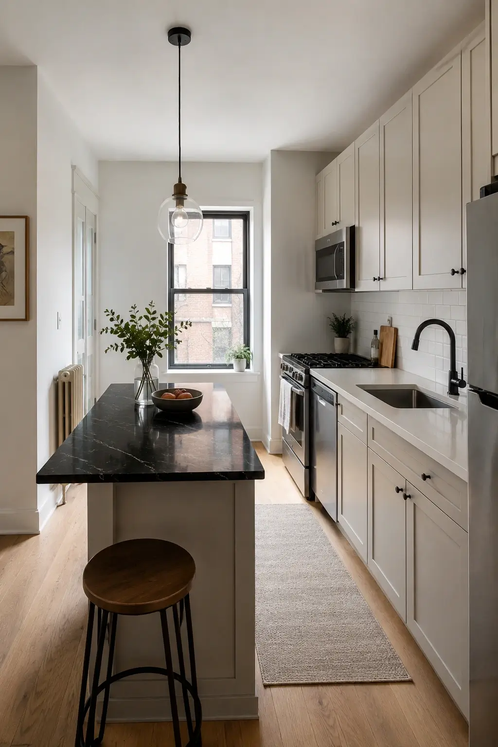 Small galley kitchen with black granite island, white cabinets, and open light-filled layout.