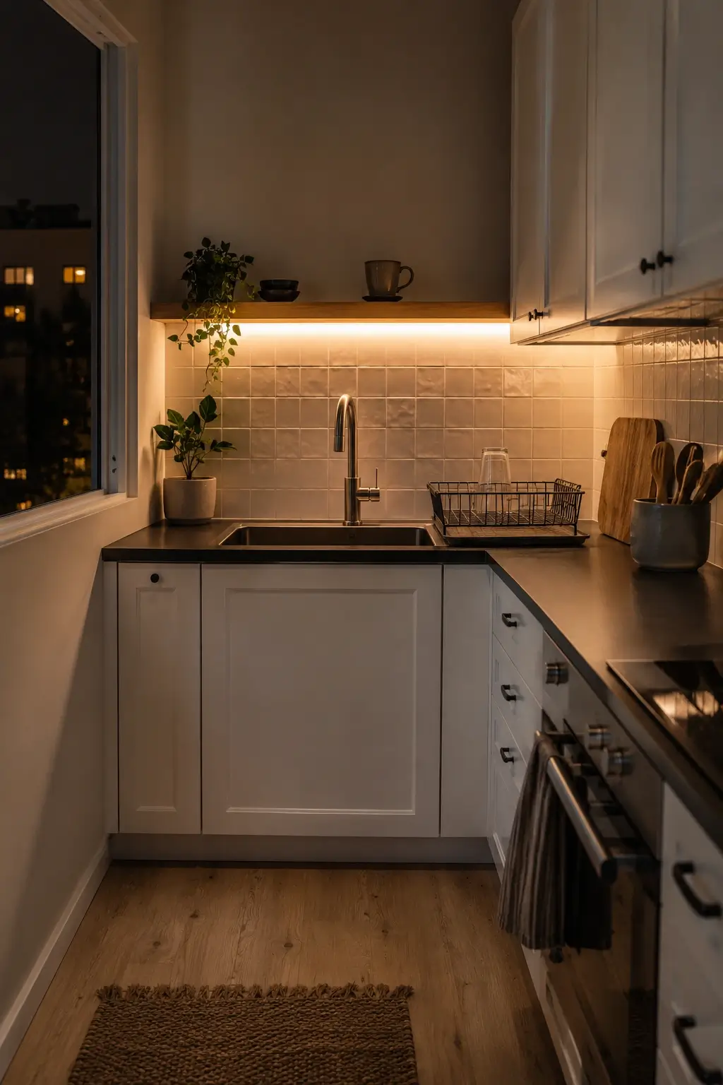Small galley kitchen sink with floating shelf and warm LED strip lighting at night.
