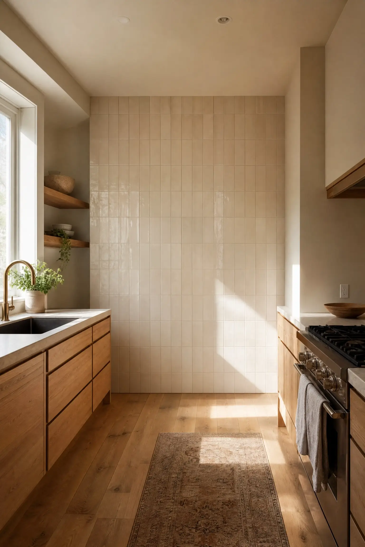 Small kitchen with full-height cream tile on a short wall to make the ceiling feel higher.