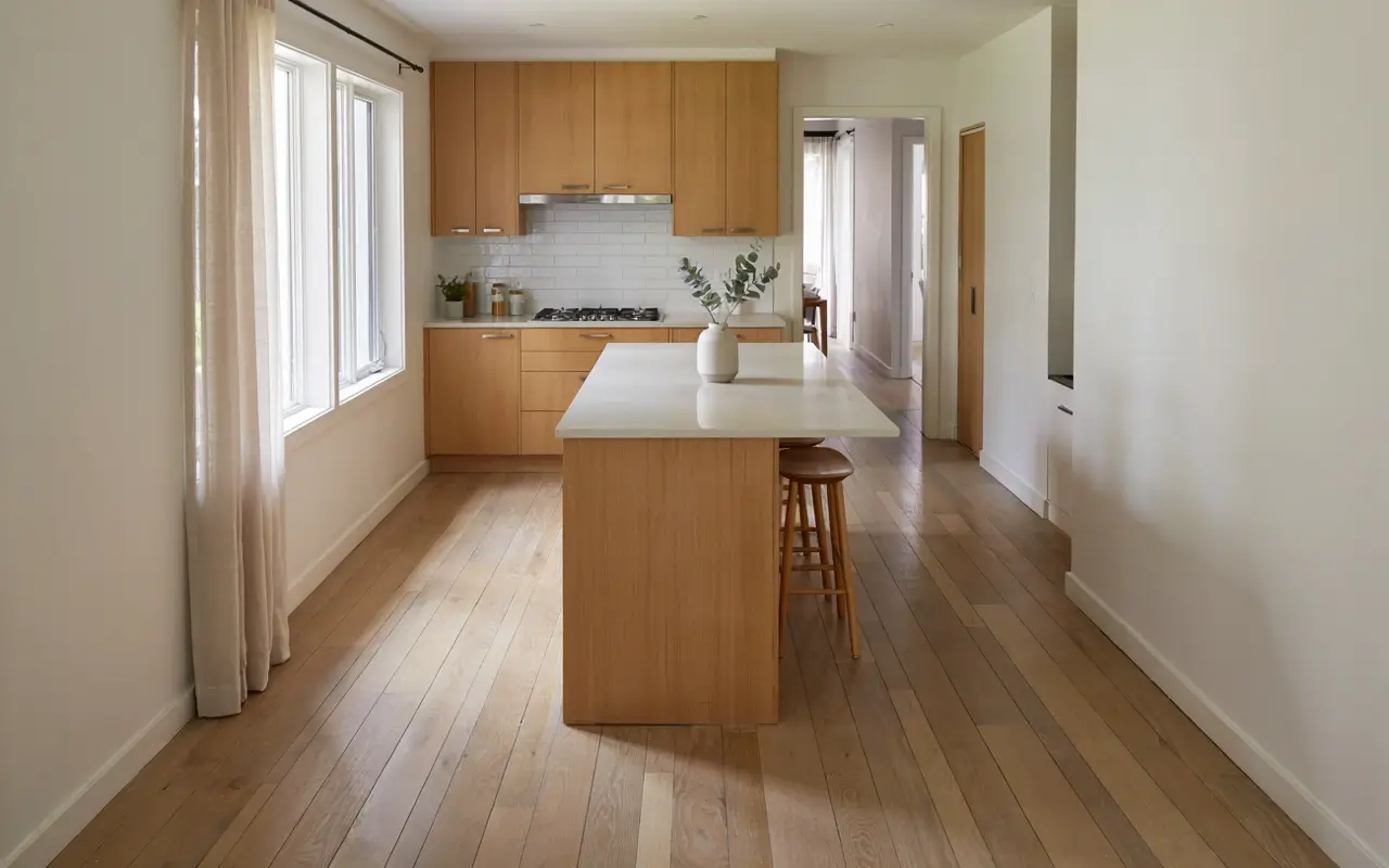 Small L-shaped kitchen with stools tucked under a white island overhang, leaving a clear walkway.A compact L-shaped kitchen with light wood cabinets, a white island, and stools pushed fully under the island overhang to keep the walkway open. The bright windows, pale floors, and uncluttered aisle show how island seating can work in a small kitchen layout.