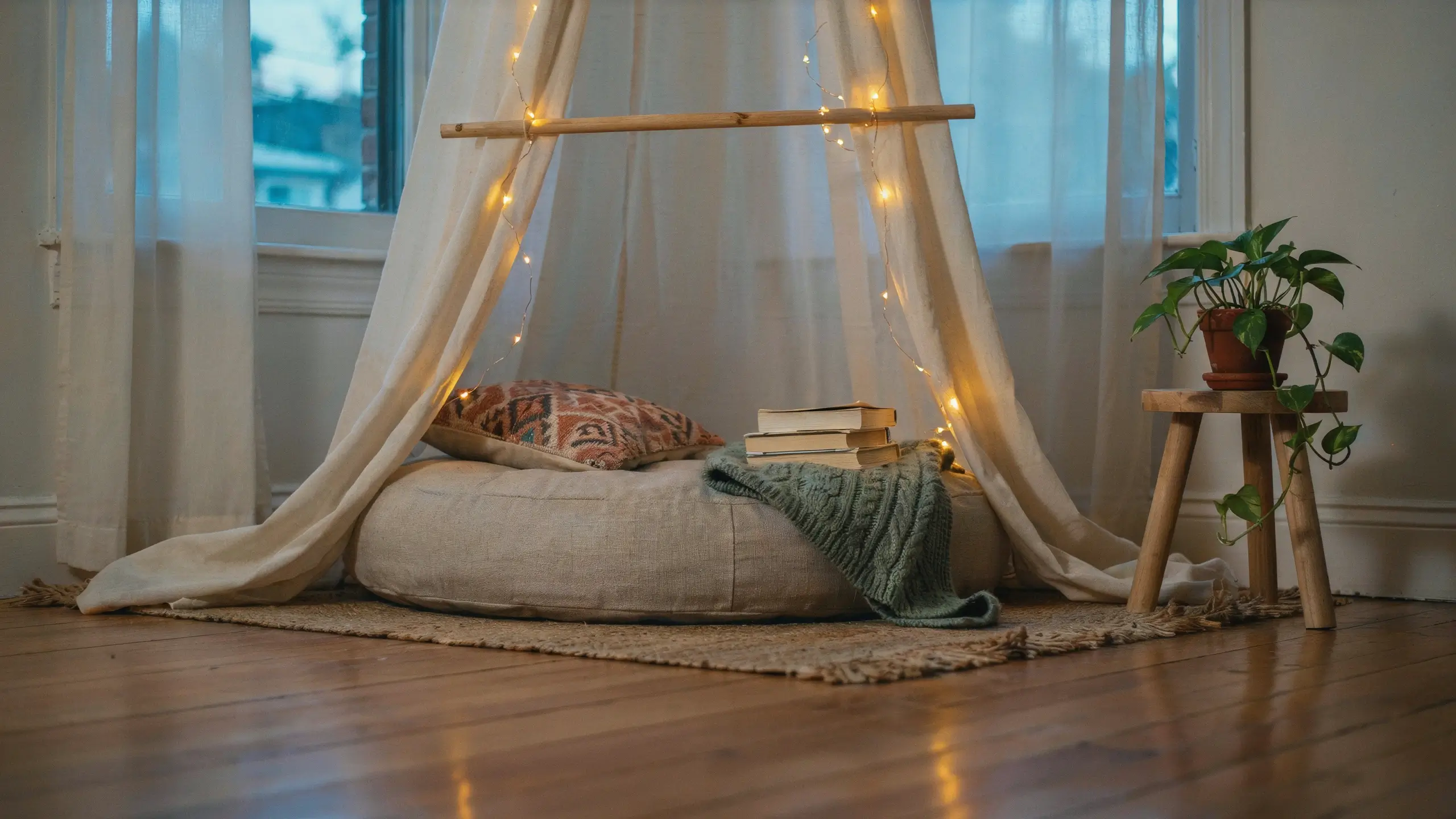 Cozy small reading nook with draped fabric, floor cushion, fairy lights, books, knitted throw, and potted plant.