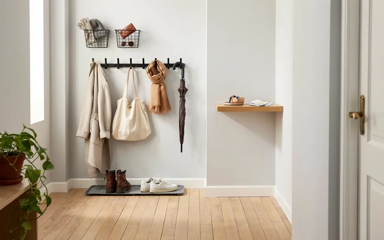 Small-space mudroom with wall hooks, wire baskets, coats, shoes, and umbrella in a minimalist entryway