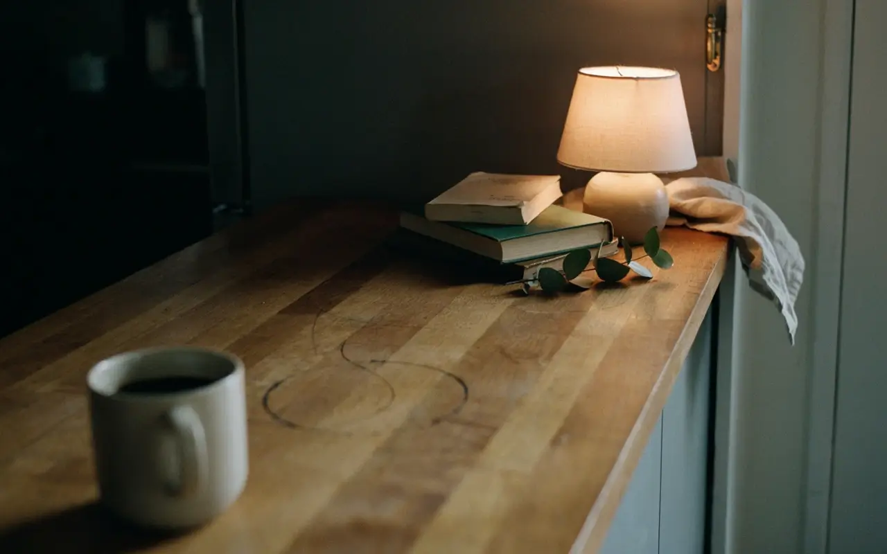 Small table lamp glowing on a wooden kitchen counter beside books, eucalyptus, and a coffee mug.