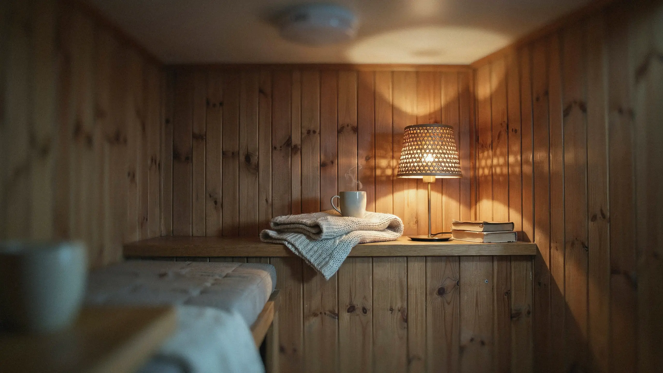 Warm ambient lighting from a small table lamp with a woven rattan shade illuminates a cozy wooden bedroom shelf holding a steaming mug, a folded knitted blanket, and books, creating a relaxing hygge atmosphere.