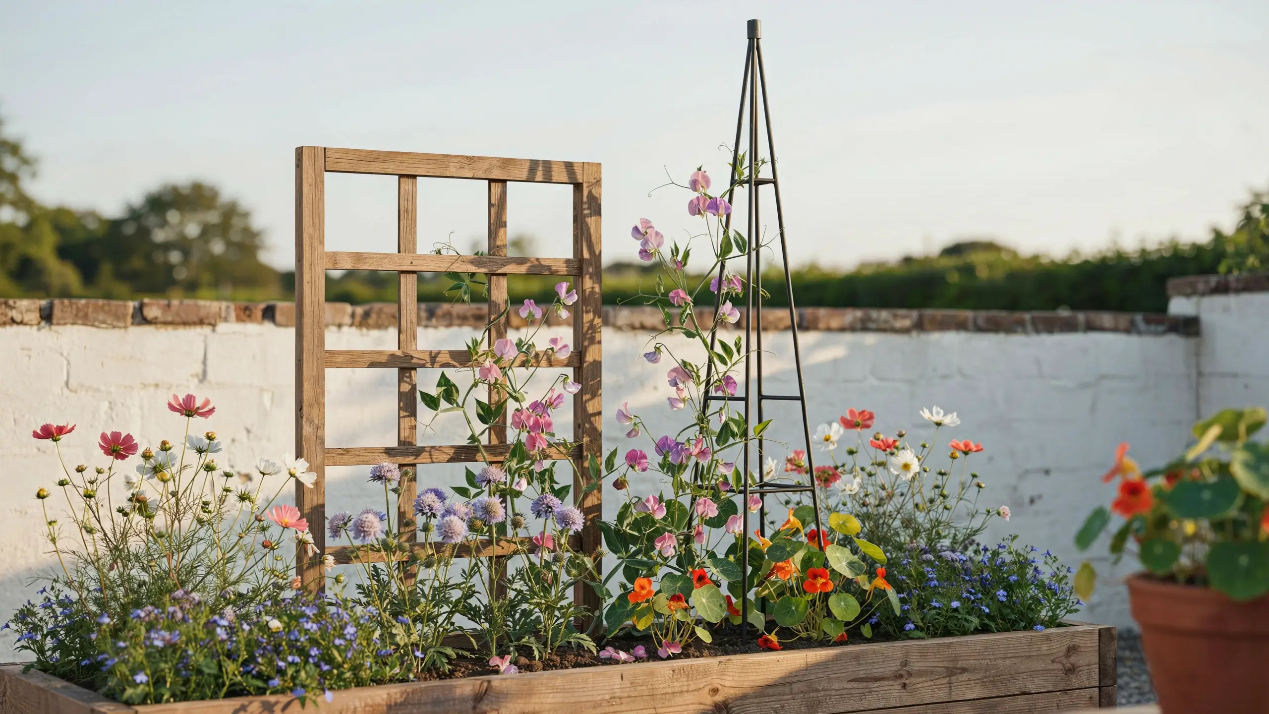A rustic wooden planter box featuring a small square trellis for climbing sweet peas, paired with a black metal obelisk, surrounded by colorful annual flowers in a sunny patio garden.