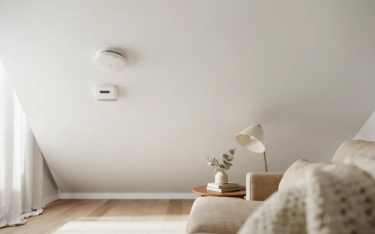Smoke detector and safety device mounted on a sloped ceiling in a neutral rental bedroom.