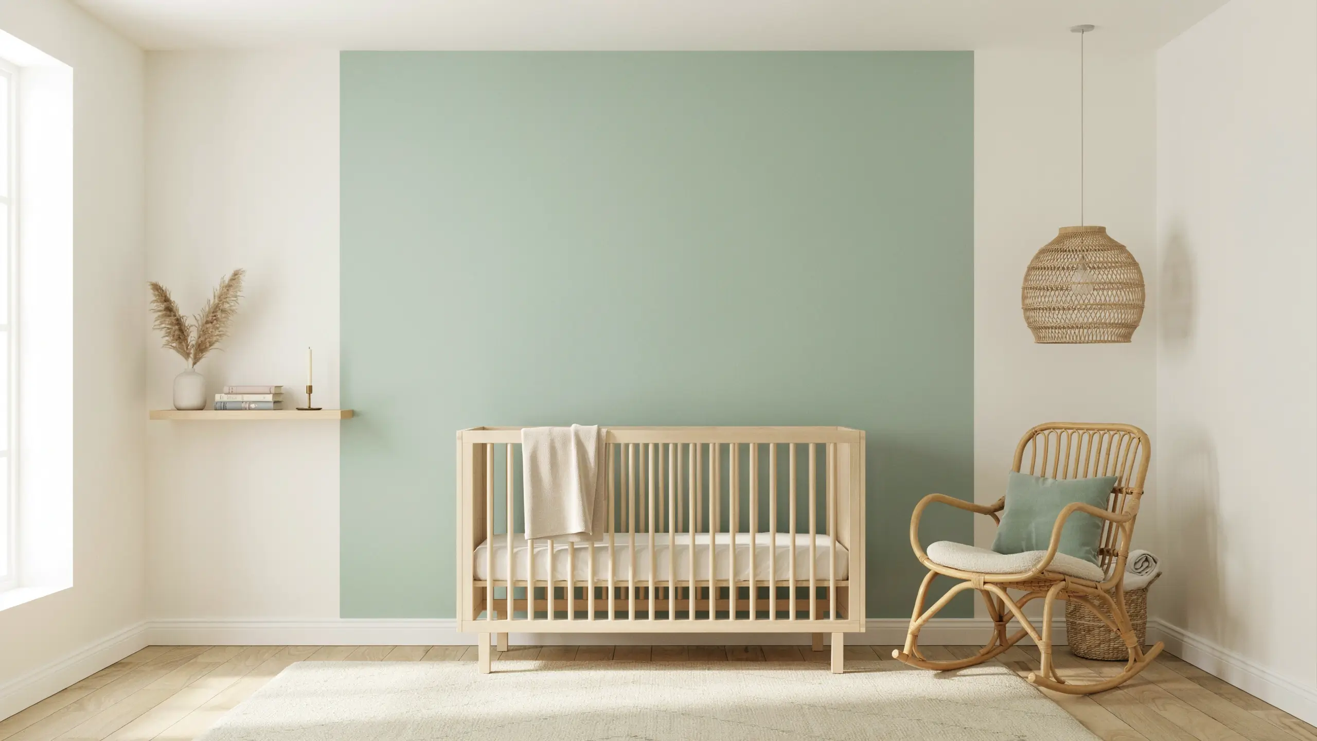 Smoky sage accent wall in a modern nursery with a natural wood crib, rattan rocking chair, and minimalist decor.