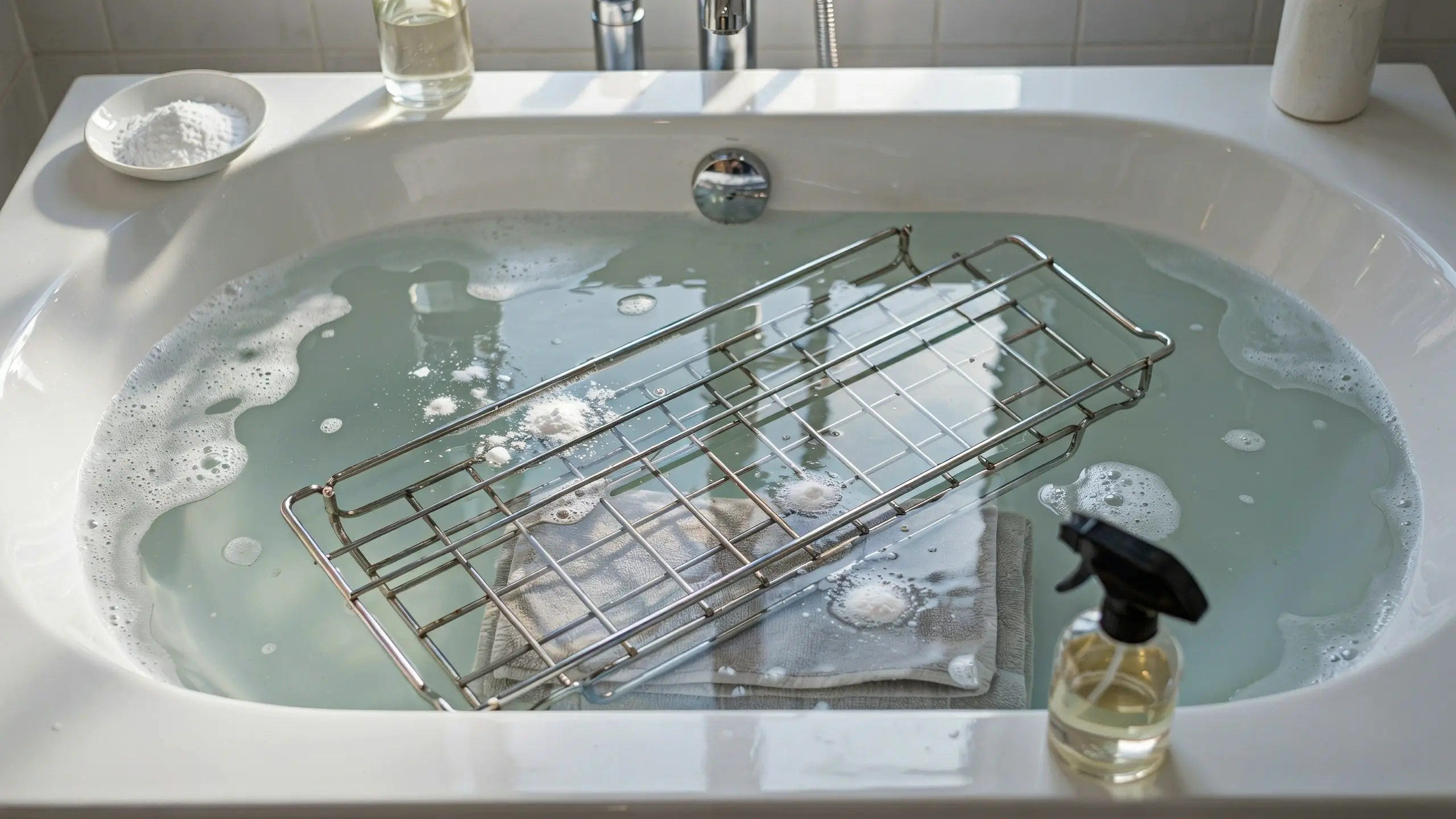 White sink filled with soapy water soaking a stainless steel oven rack and gray cloth, with baking soda powder and spray bottle for step 6 clean the racks separately.