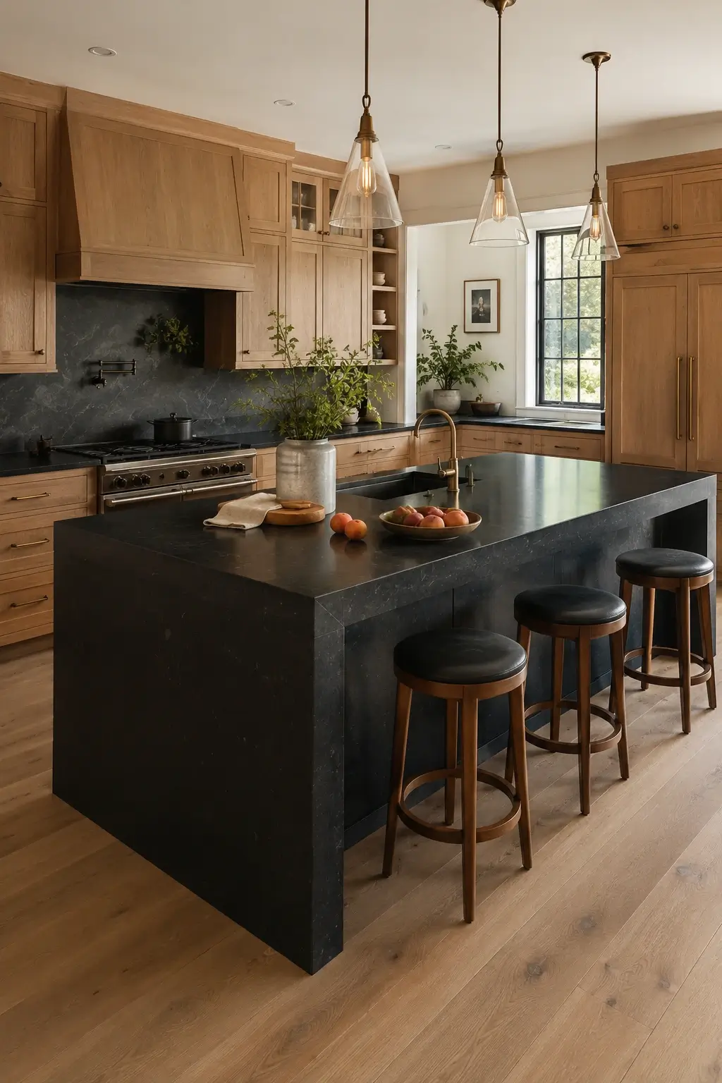 Soft black kitchen island cabinet matching black granite in a warm wood kitchen.