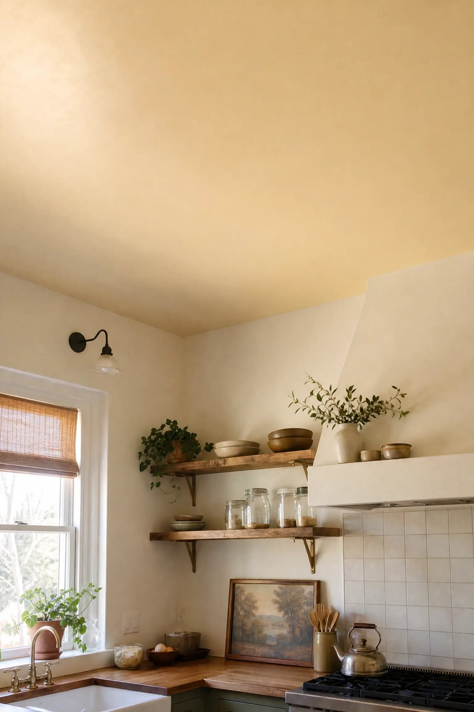 Cozy kitchen with a soft butter yellow ceiling, open wood shelves, sink window, and warm cottage decor.