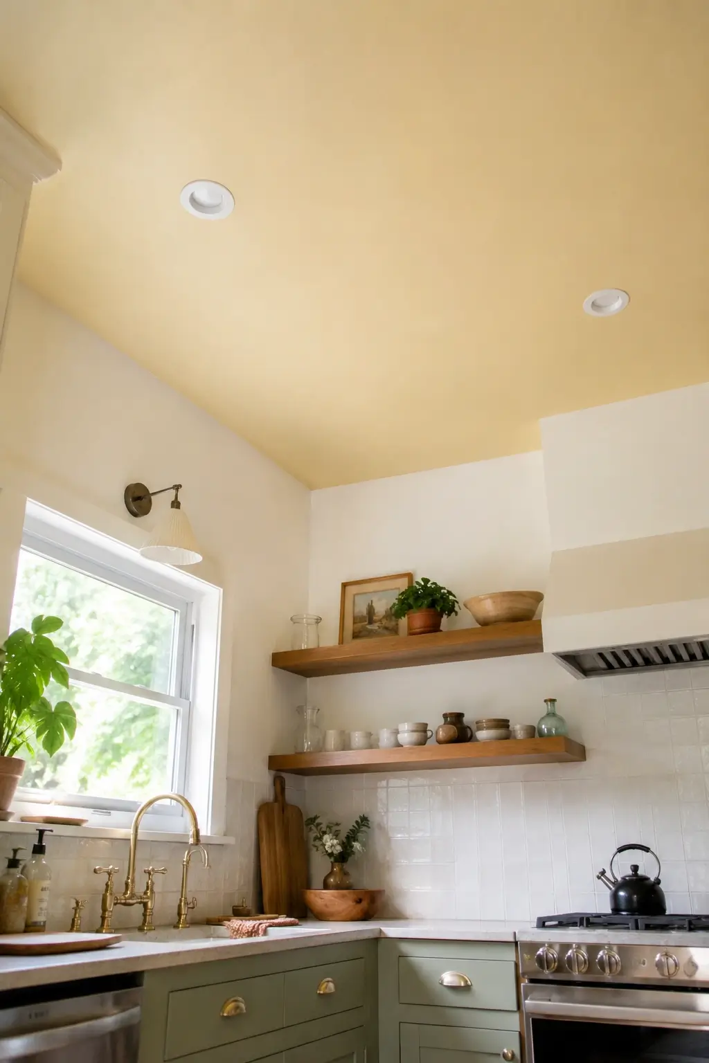 Small kitchen with a soft butter yellow ceiling, open wood shelves, sage cabinets, and brass hardware.