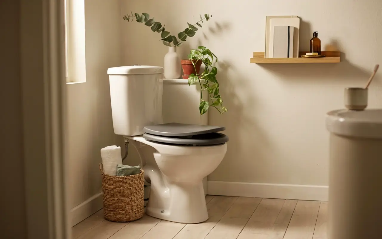 Soft-close toilet seat in a warm small bathroom with plants, basket storage, and a floating shelf.