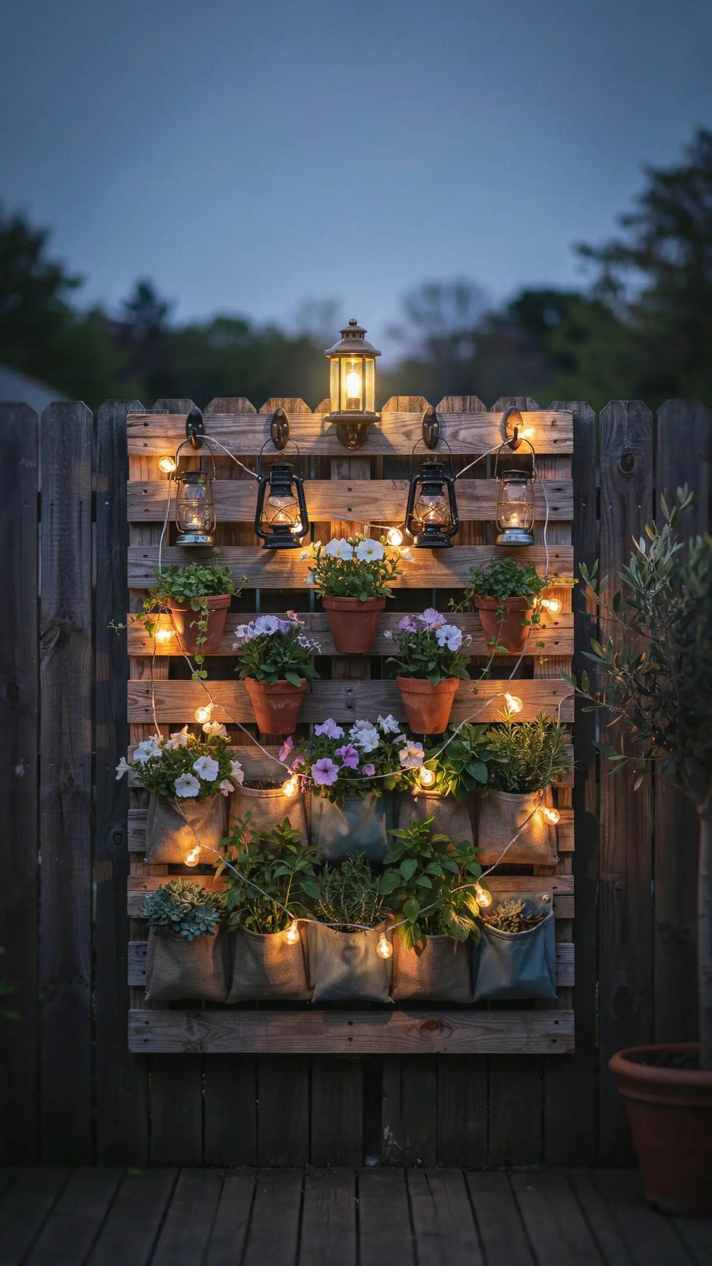A rustic wooden pallet transformed into a vertical wall garden, displaying blooming flowers in terracotta pots and burlap pockets, illuminated by glowing solar lanterns and fairy lights during dusk. 
