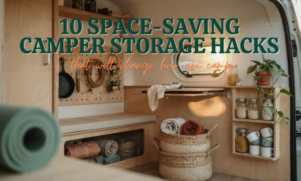 Wood-paneled campervan interior featuring space-saving storage hacks like hanging pegboard, foldable table, under-seat bins, and open shelving with glass jars. Text overlay reads '10 Space-Saving Camper Storage Hacks'.