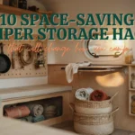 Wood-paneled campervan interior featuring space-saving storage hacks like hanging pegboard, foldable table, under-seat bins, and open shelving with glass jars. Text overlay reads '10 Space-Saving Camper Storage Hacks'.