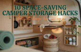 Wood-paneled campervan interior featuring space-saving storage hacks like hanging pegboard, foldable table, under-seat bins, and open shelving with glass jars. Text overlay reads '10 Space-Saving Camper Storage Hacks'.