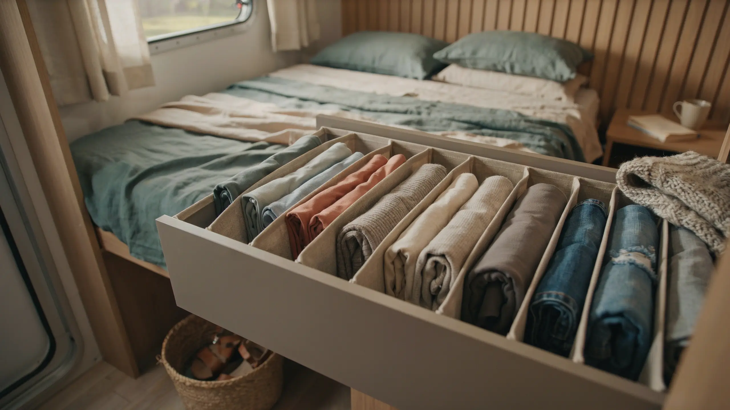 Neatly rolled clothes including t-shirts, sweaters, and jeans organized vertically in an RV drawer with fabric dividers, demonstrating a highly effective space-saving storage technique for small bedrooms