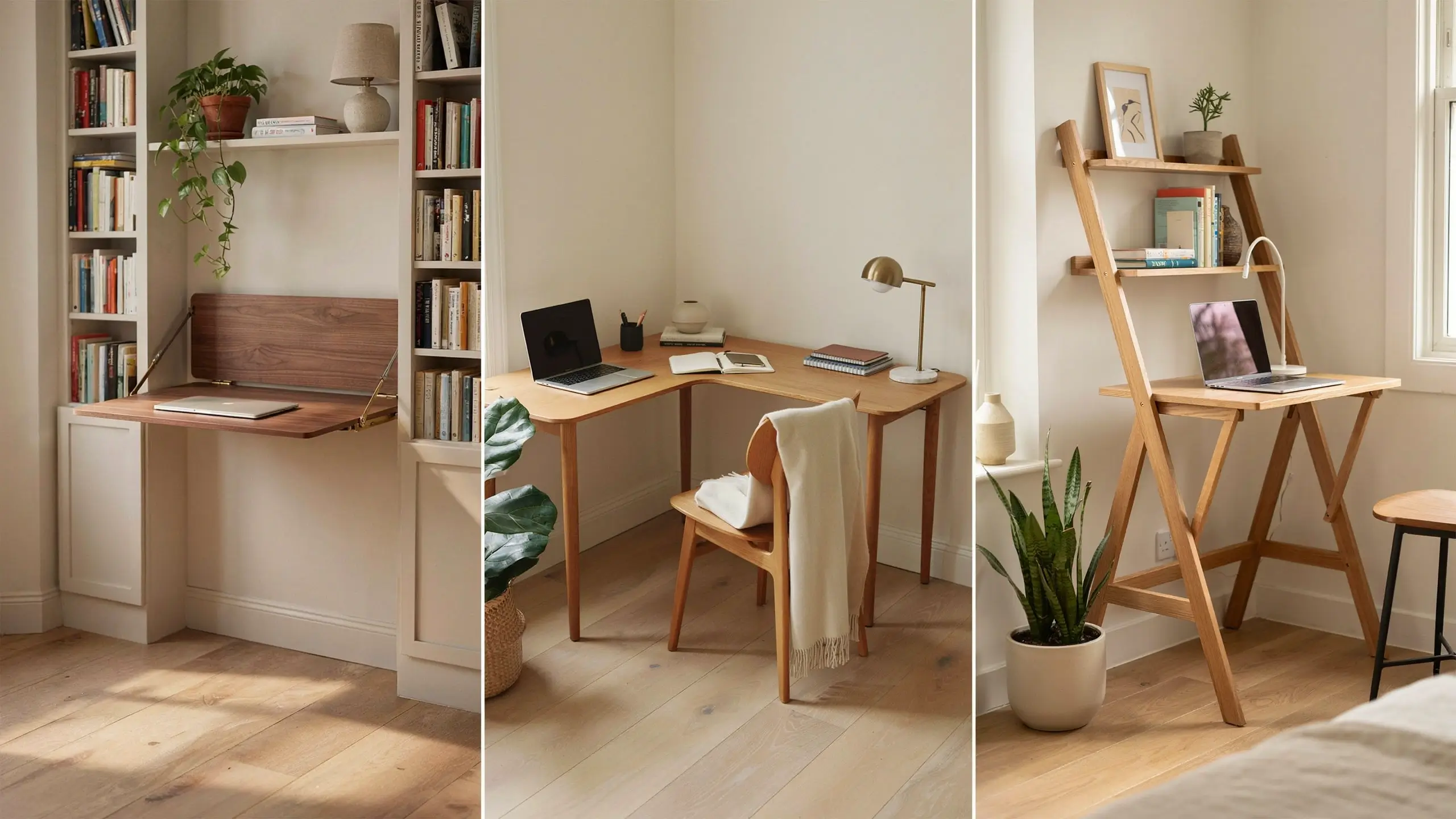 Minimalist space-saving desk setups: fold-down wall mounted, wooden corner, and portable ladder desk for small home offices. 