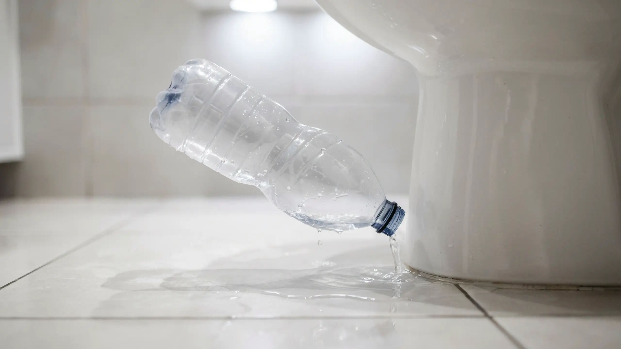 A clear, partially used plastic water bottle with a blue cap leaning against a white porcelain toilet base, spilling water onto a white tiled bathroom floor.