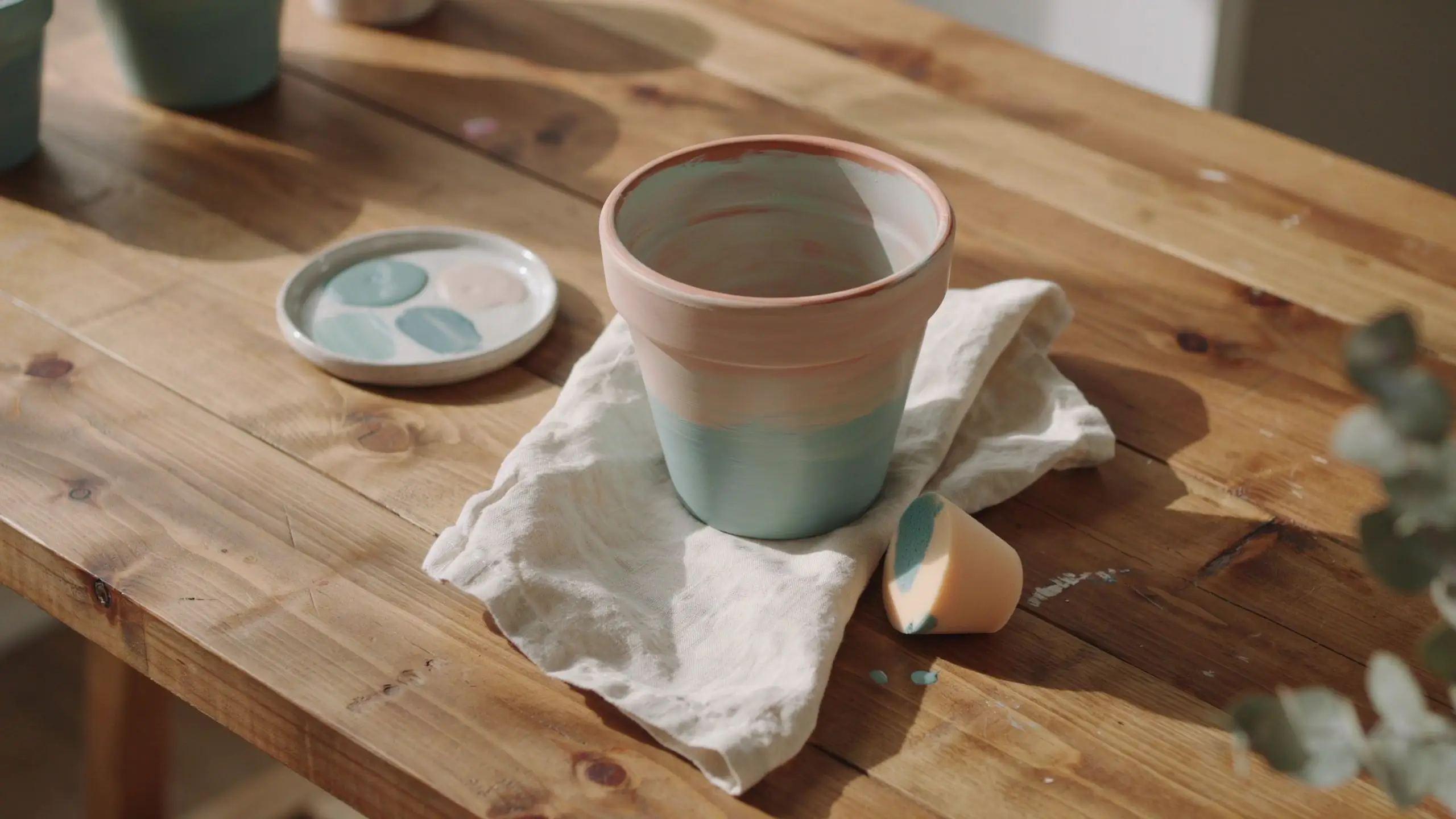 Sponge-dabbed ombre ceramic pot in peach and turquoise paint on a rustic wooden table with a color palette and paint sponge