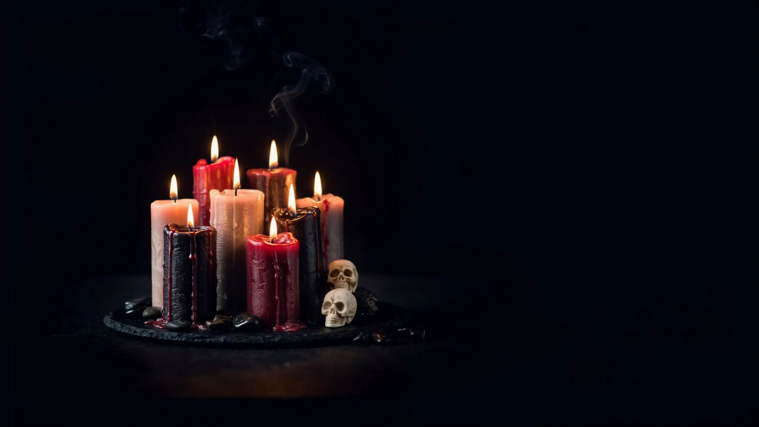 A dramatic cluster of melting red, black, and white spooky candles accompanied by miniature skulls and dark stones, with curling smoke rising against a pitch-black background. 