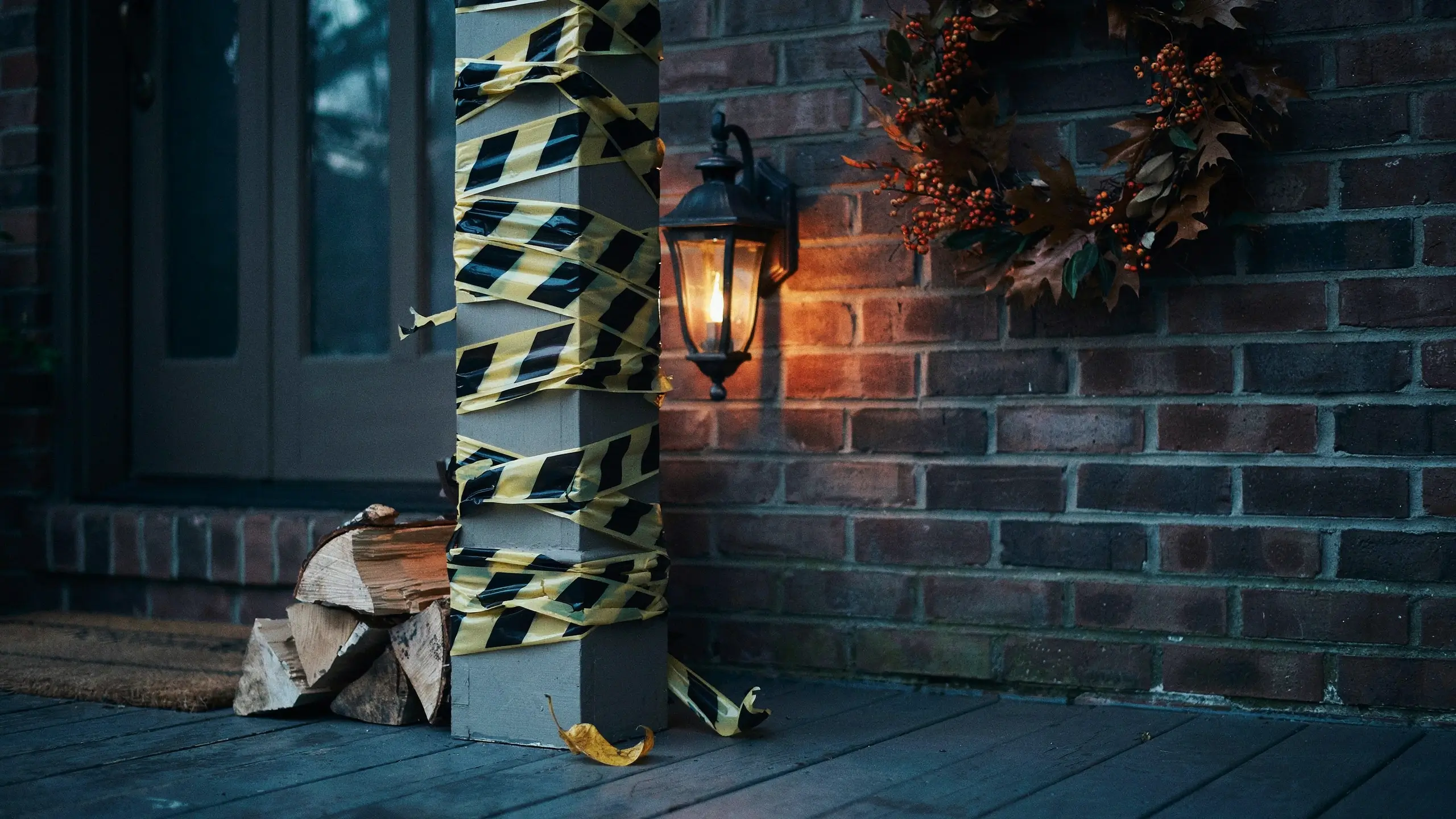 A square wooden porch column tightly wrapped in yellow and black caution tape for Halloween, positioned next to a glowing dark metal wall lantern against a brick facade, with chopped firewood and a dried autumn wreath completing the spooky evening porch decor. 