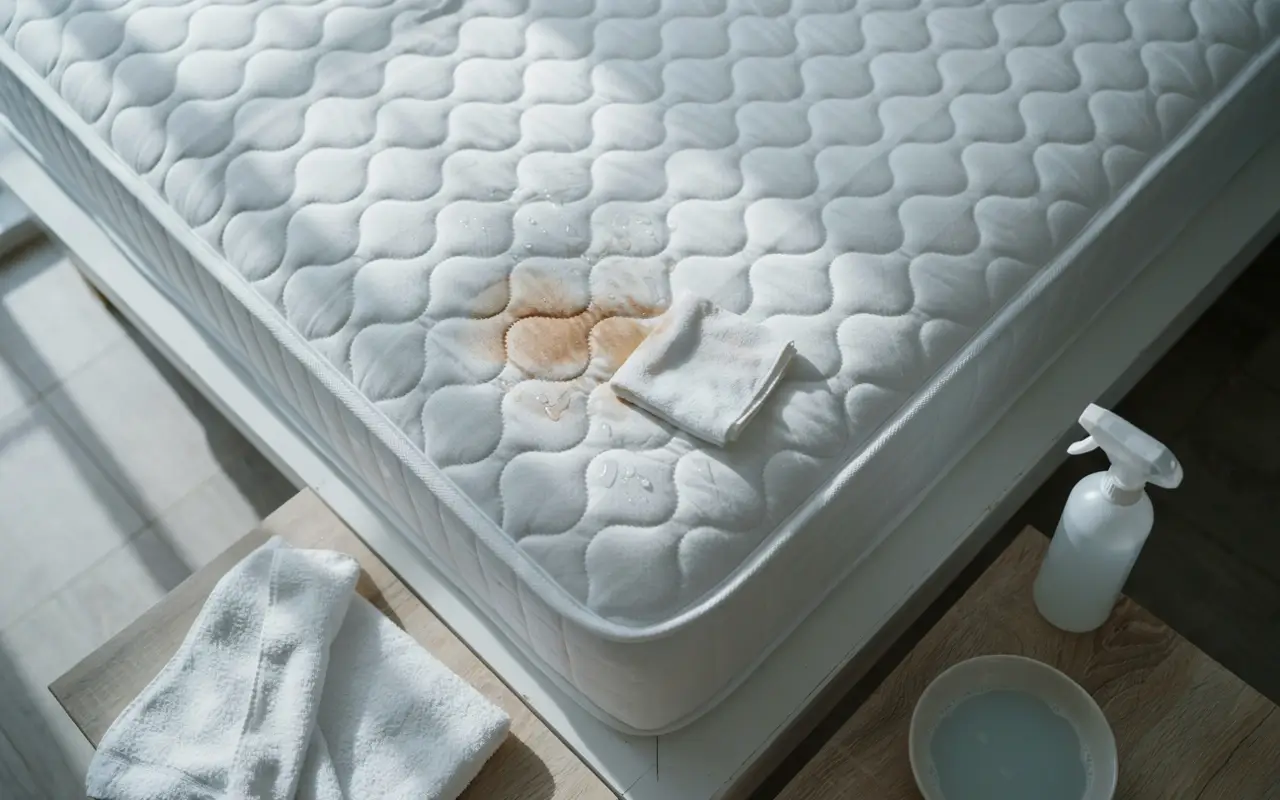 Alt Text: Spot-treating a brown stain on a white mattress with cleaning spray and a cloth.