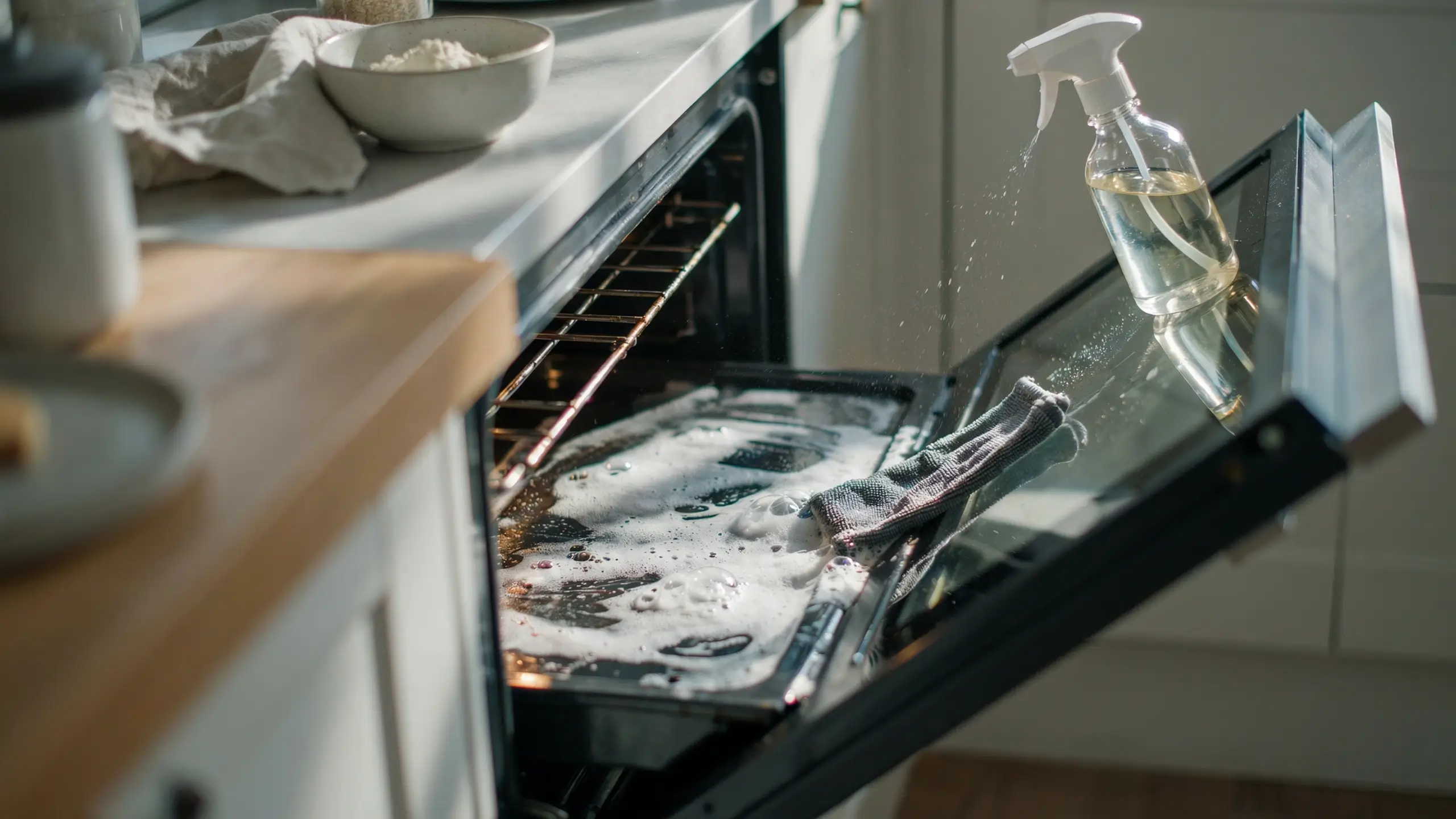 Open oven door with white baking soda foam on the glass, a grey cleaning cloth, and a spray bottle squirting a vinegar solution onto the surface to cut through grease and burnt stains.
