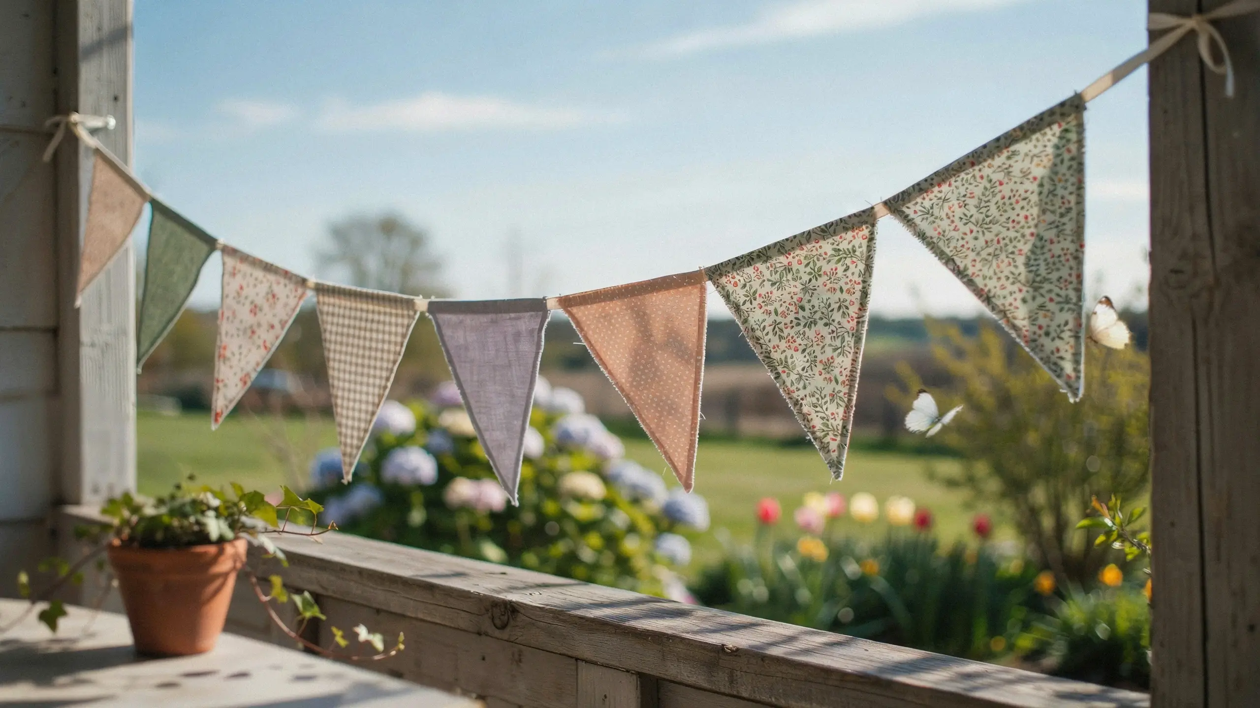 A rustic DIY spring fabric bunting made from assorted patterned fabric scraps and white ribbon, hanging from a wooden veranda overlooking a spring garden with blooming hydrangeas and tulips. 