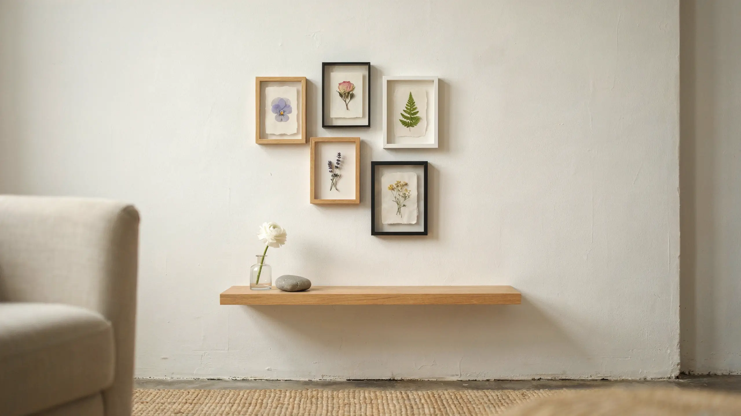 A minimalist spring gallery wall featuring five pressed flower botanical prints in black, white, and light wood frames, asymmetrically arranged above a floating wooden shelf displaying a single white bloom in a glass vase. 