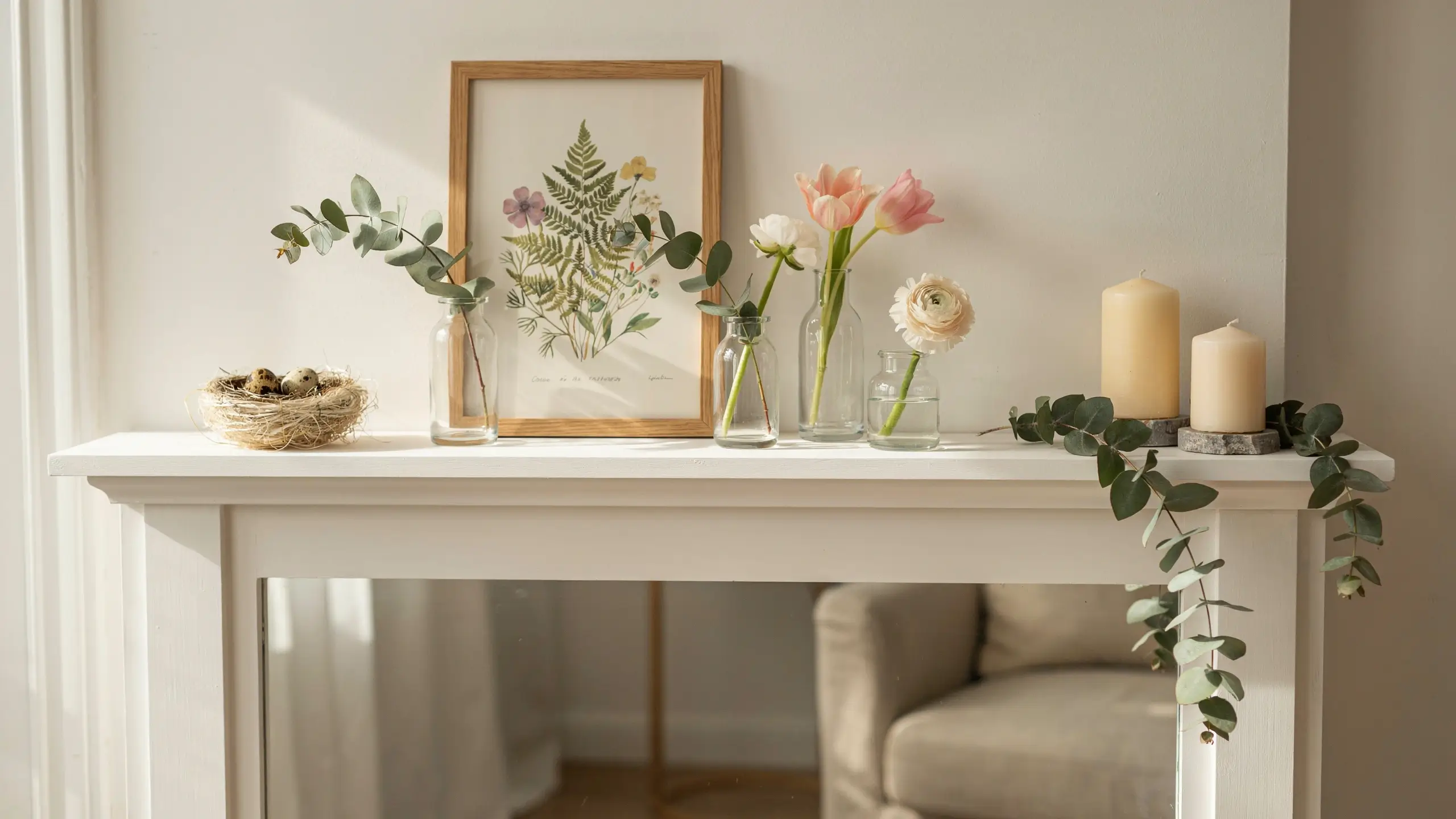 Light and airy spring mantel styling featuring a wooden framed botanical fern print, clear glass vases holding pink tulips and white ranunculus, dried eucalyptus branches, cream pillar candles, and a decorative nest with speckled eggs. 