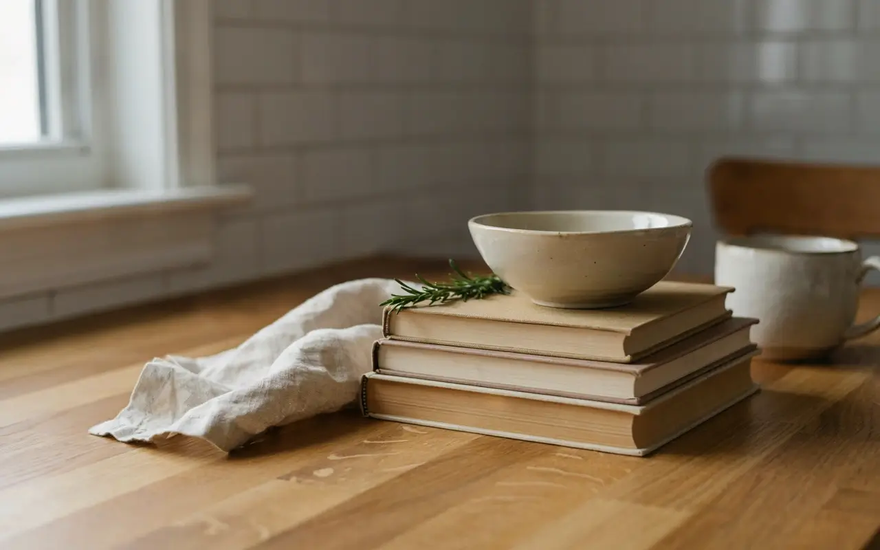 Small ceramic bowl stacked on a short pile of books on a wooden kitchen table for purposeful height.