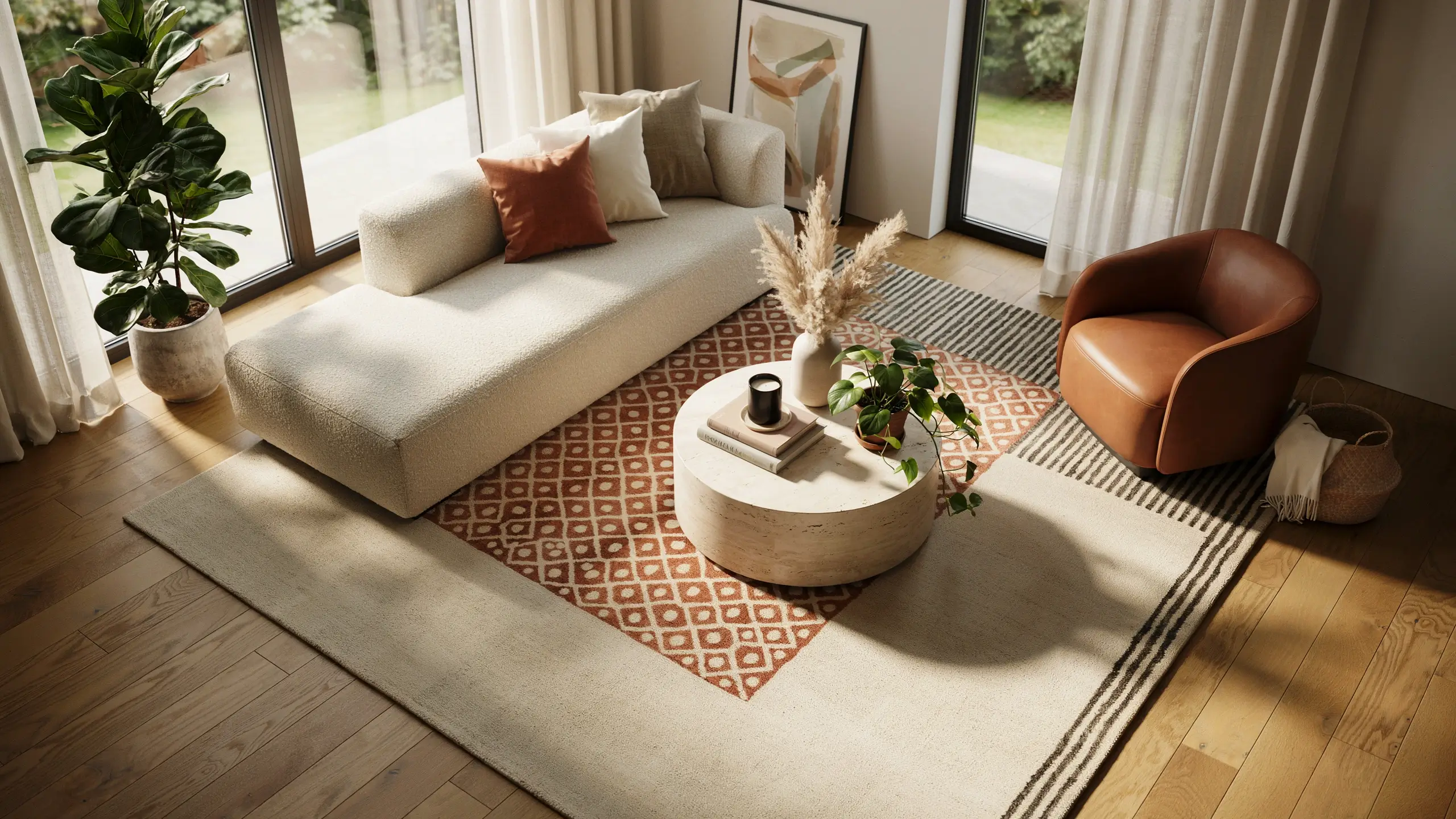 Stacked area rugs in a modern living room creating a custom layered look for an oddly shaped room with neutral furniture and warm decor.