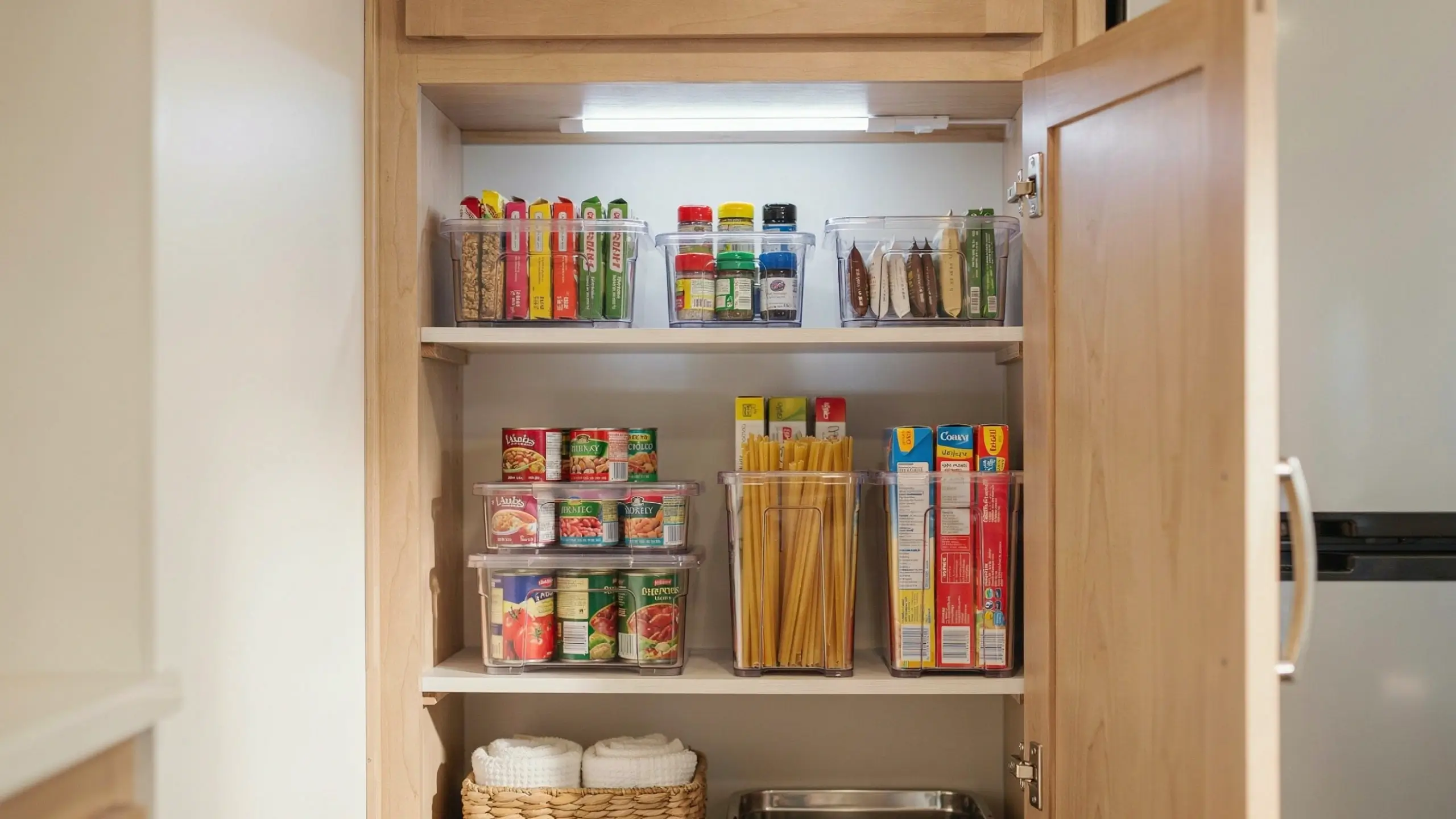A light wood pantry cabinet featuring stackable clear plastic storage bins that organize canned goods, dry pasta, and spice jars, brightly lit by an under-shelf LED strip.