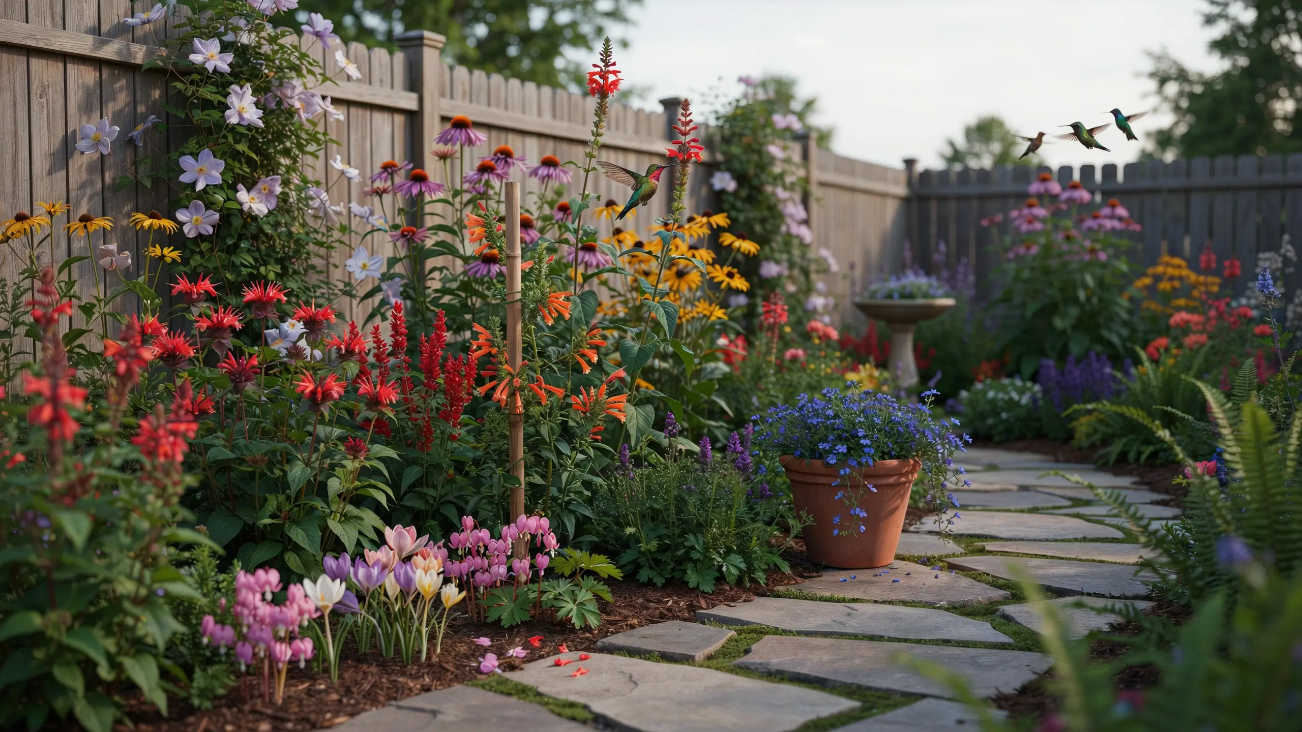 A hummingbird garden path featuring red cardinal flowers, purple coneflowers, pink tulips, and a blue-flowered terracotta pot demonstrating seasonal staggered blooms.