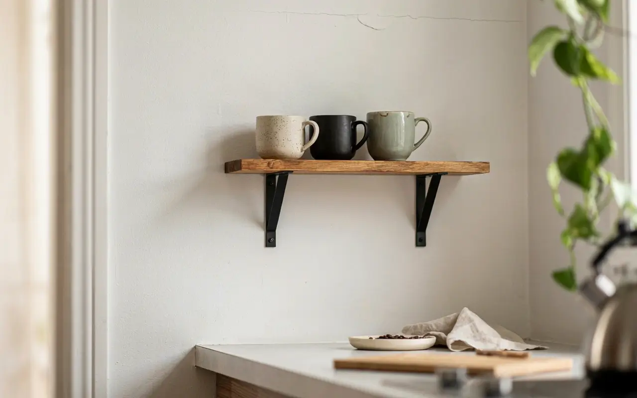 Stained pine IKEA LACK shelf on black brackets with ceramic mugs above a kitchen counter.