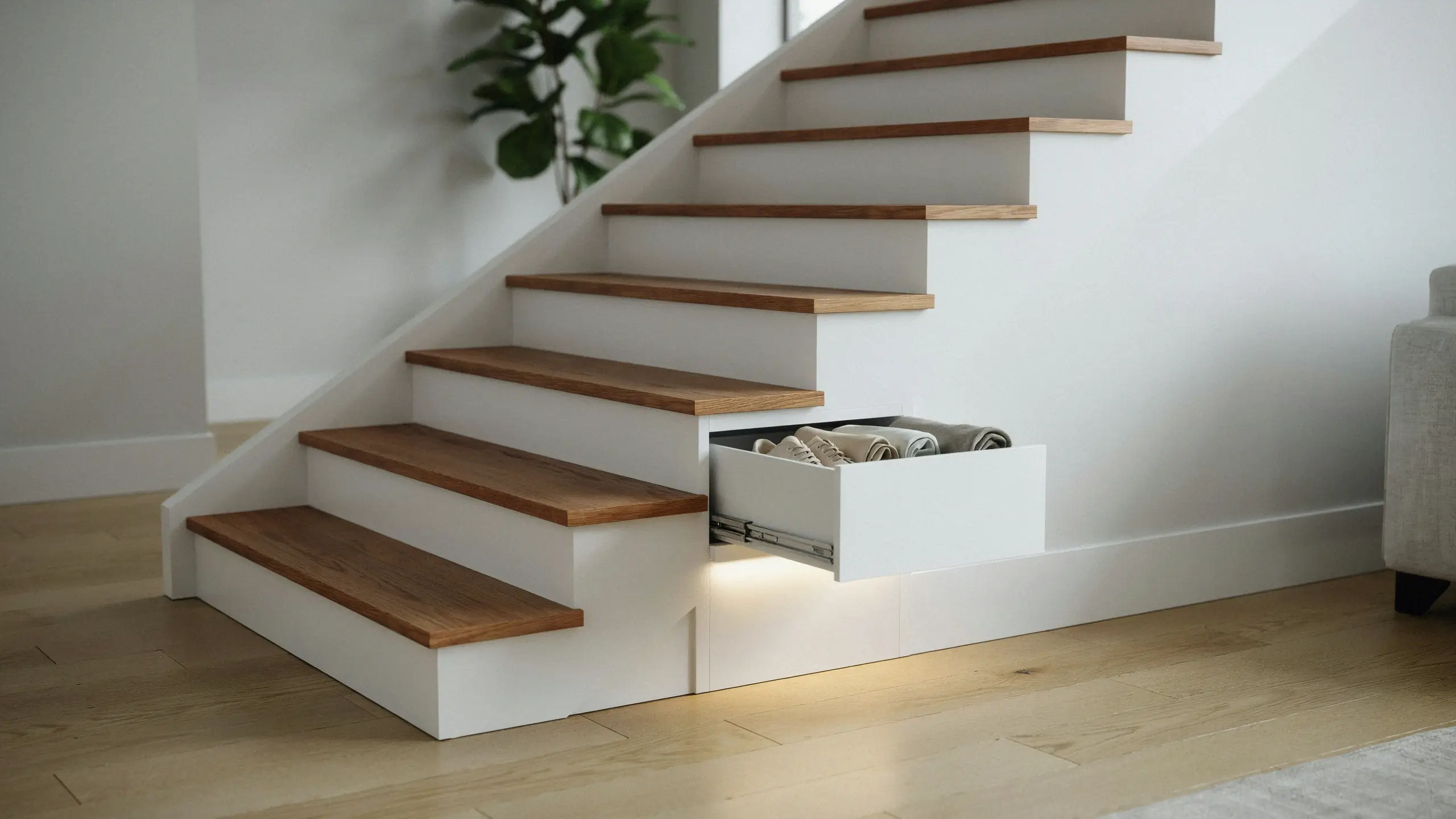 Modern white staircase with wooden treads featuring a built-in slide-out drawer seamlessly integrated into the riser, holding rolled neutral-toned blankets and illuminated by warm LED under-drawer lighting.